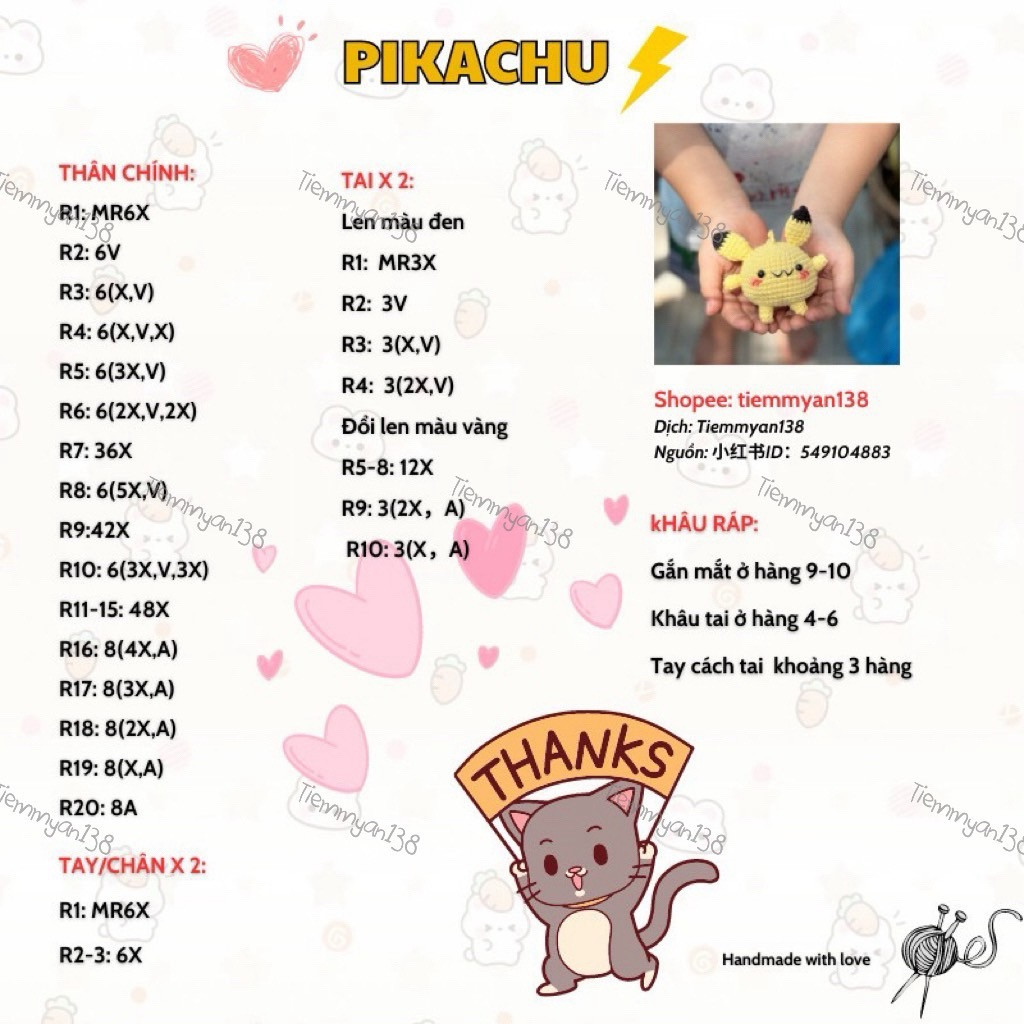 Chart dịch Pikachu móc len dễ thương