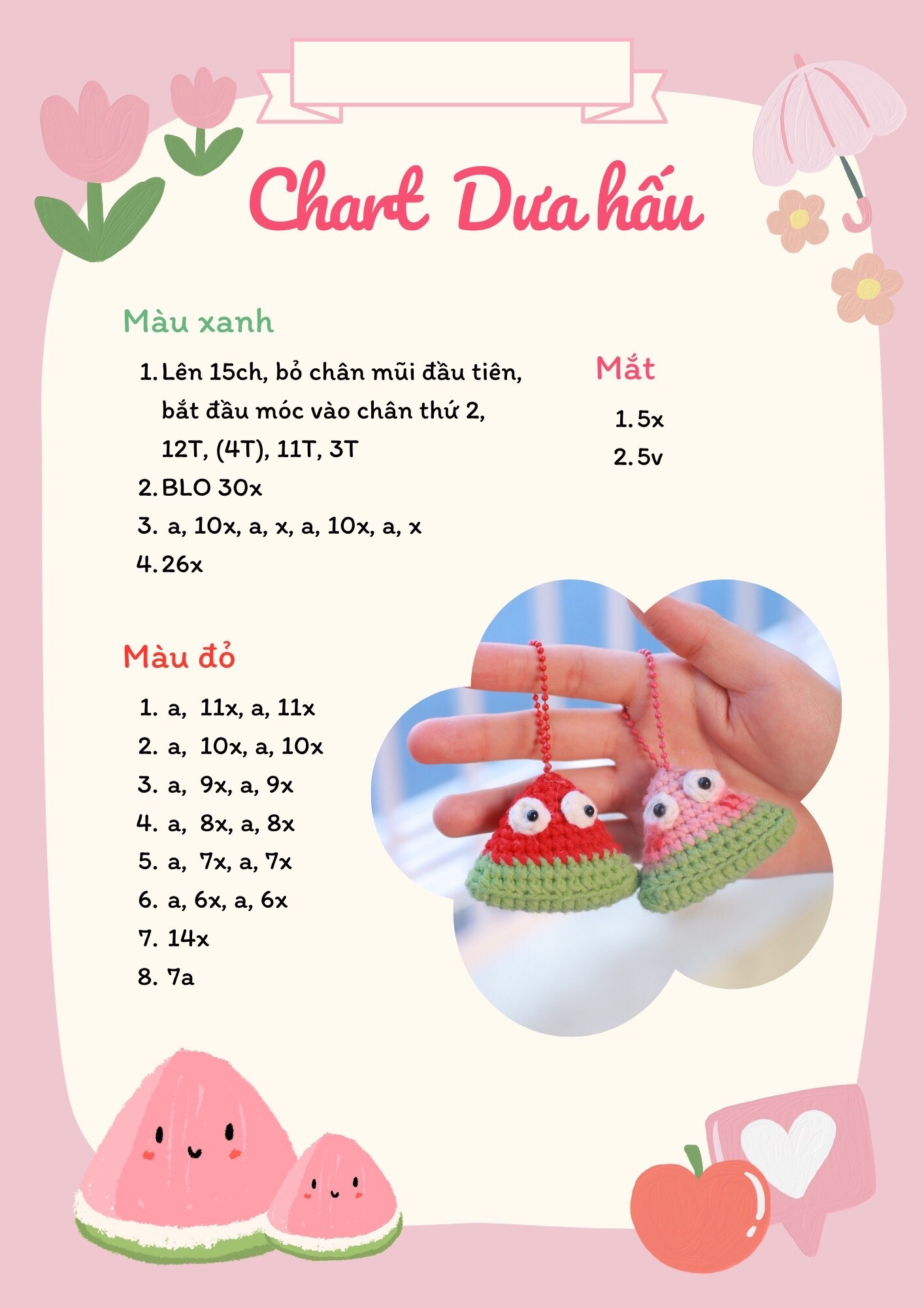 Chart Dưa hấu: Hướng dẫn móc len chìa khóa cute màu đỏ và hồng