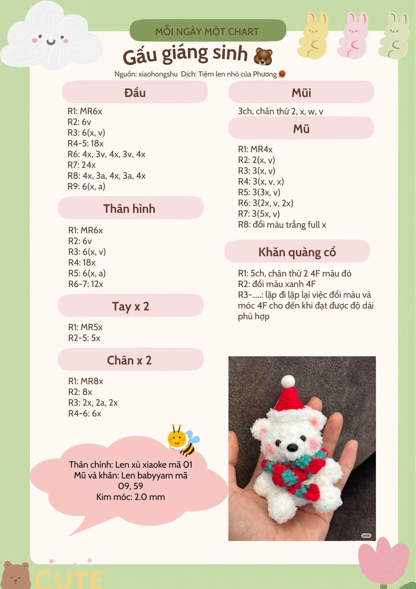 Chart Gấu Giáng Sinh Trắng Móc Len - Tặng Quà Noel Dễ Thương