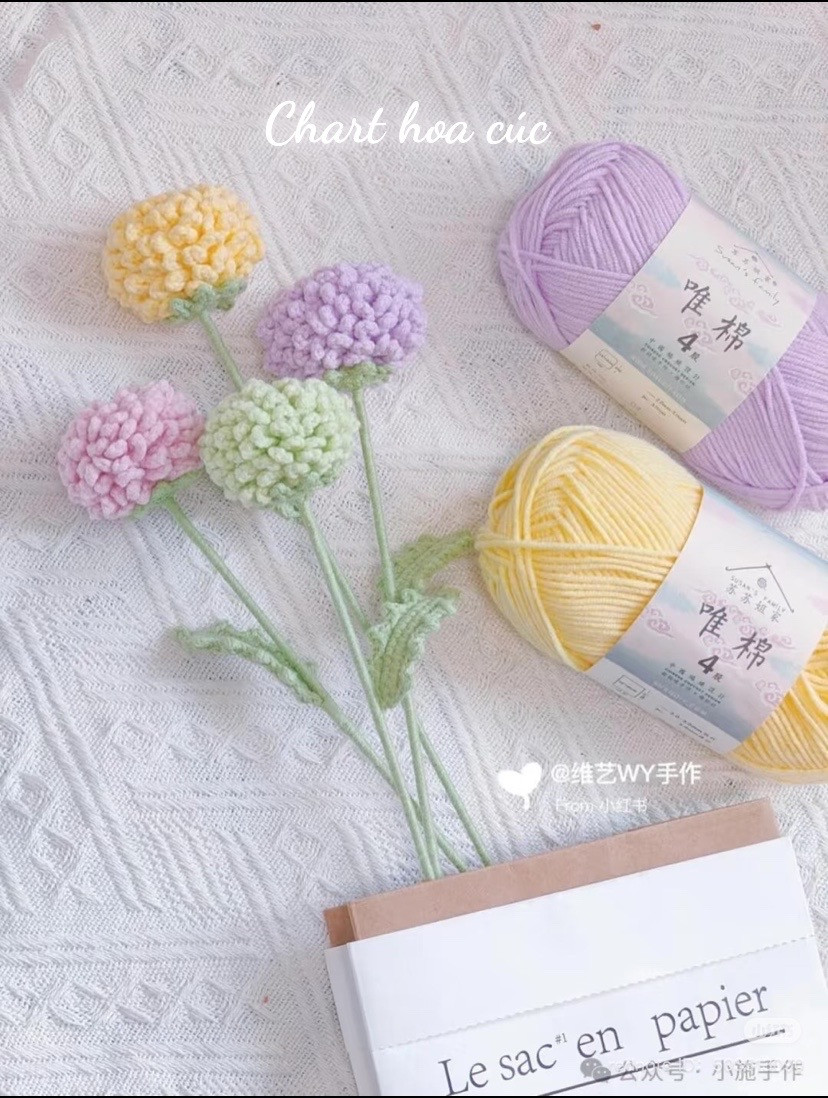 Chart hoa cúc móc len pastel màu vàng tím hồng xanh