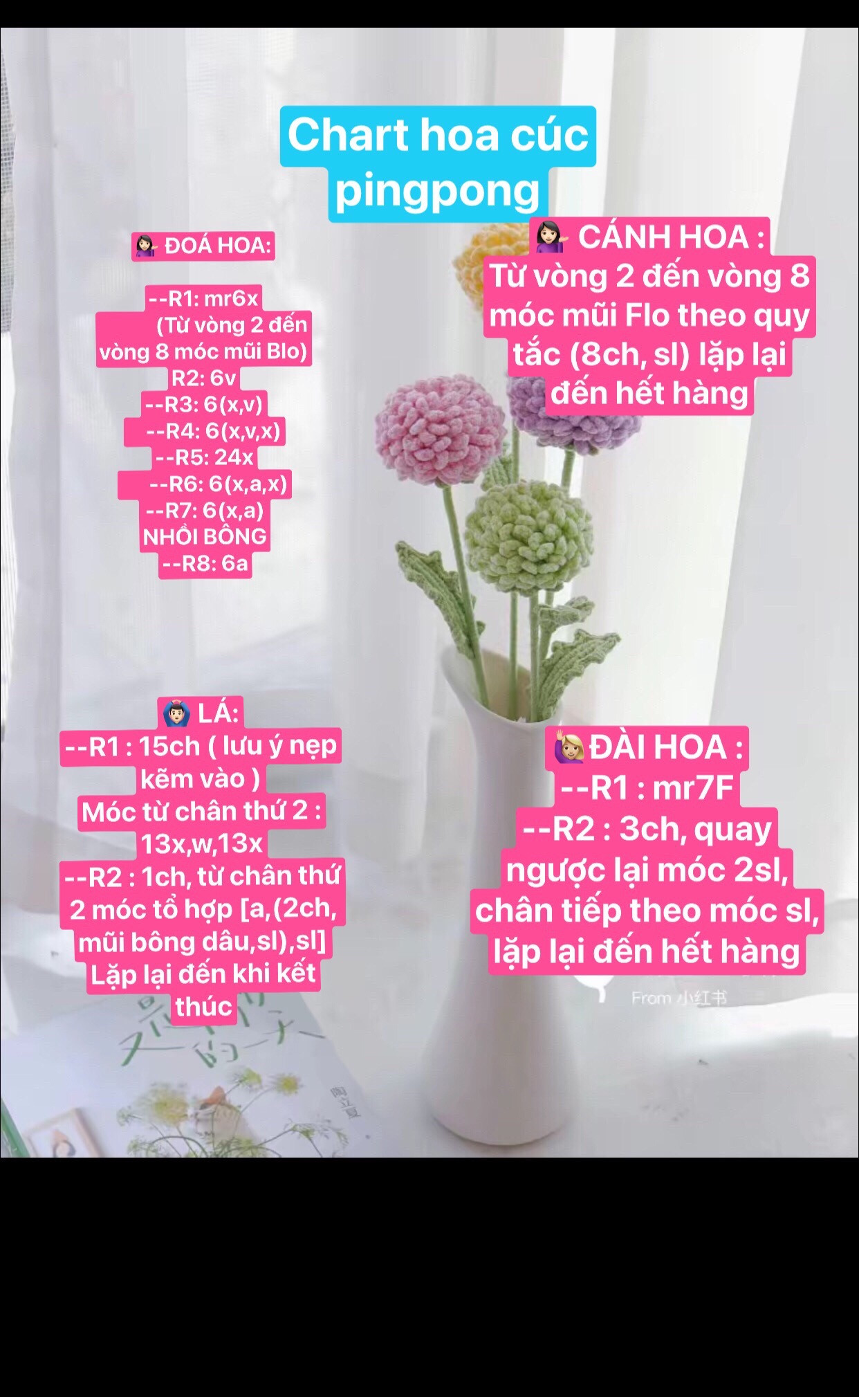 Chart hoa cúc pingpong màu pastel với hướng dẫn chi tiết từng bước móc len