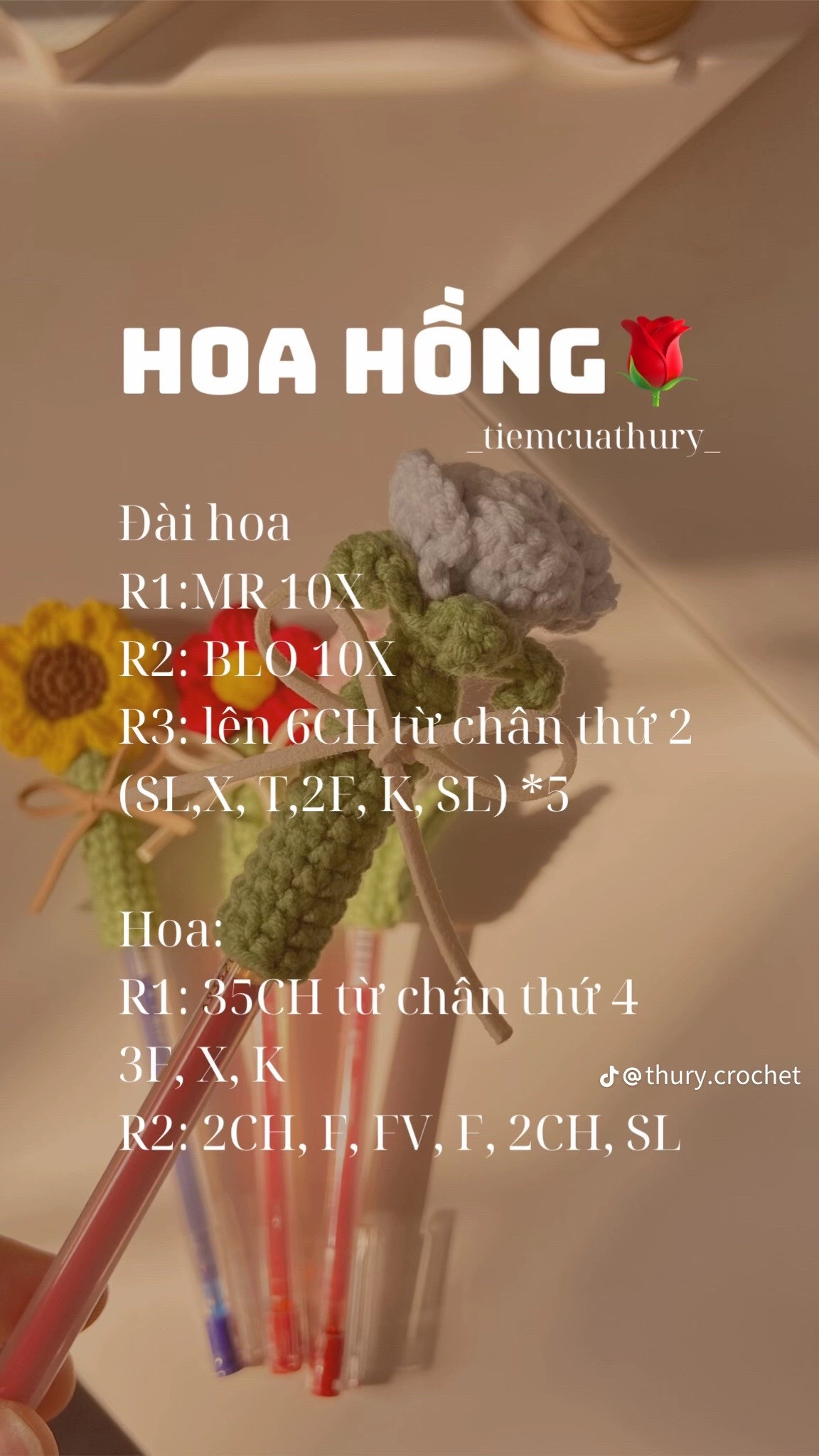 Chart hoa hồng, tulip và hướng dương trang trí bút móc len