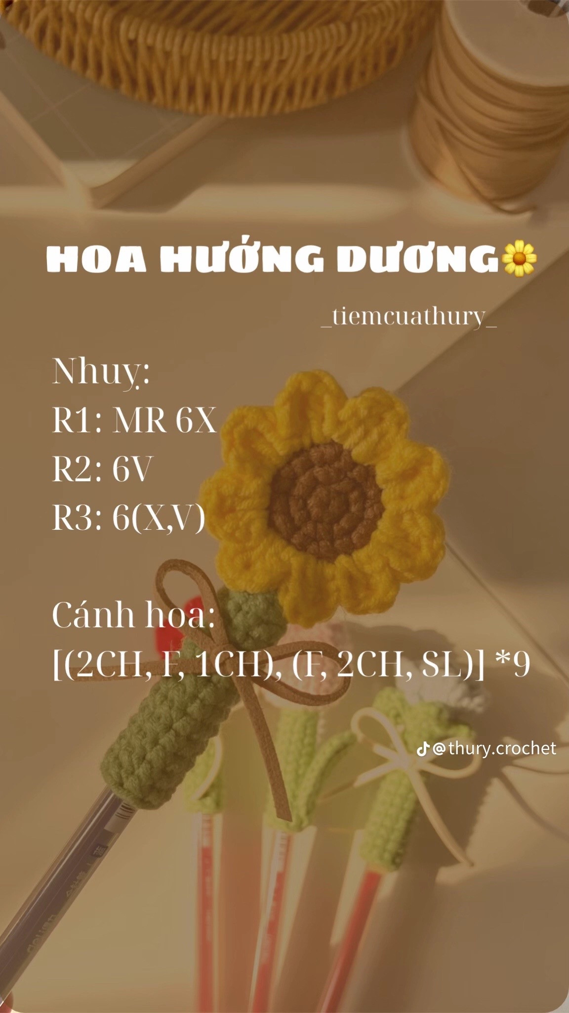 Chart hoa hồng, tulip và hướng dương trang trí bút móc len