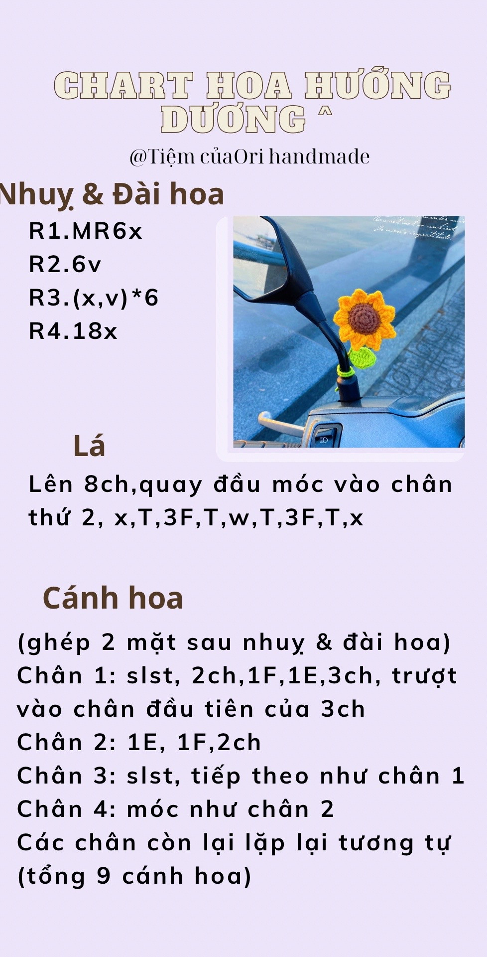 Chart hoa hướng dương móc len trang trí xe máy