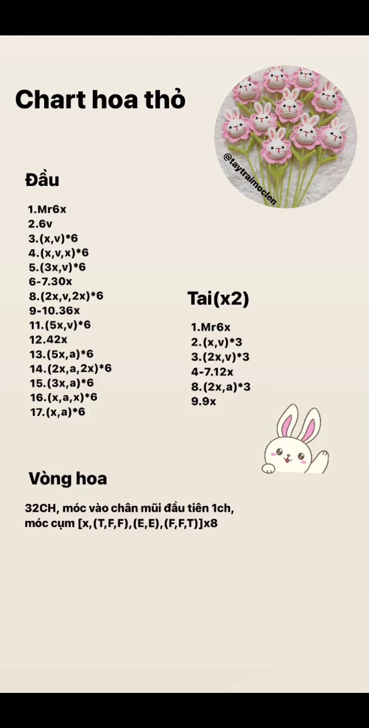 Chart hoa thỏ móc len dễ thương màu trắng hồng