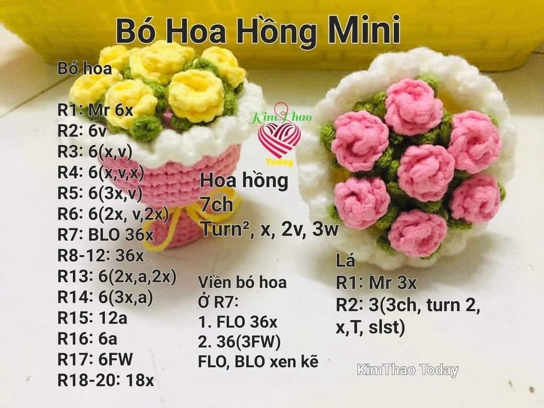 Chart hướng dẫn móc bó hoa mini: Hoa hồng, cúc, tulip và oải hương