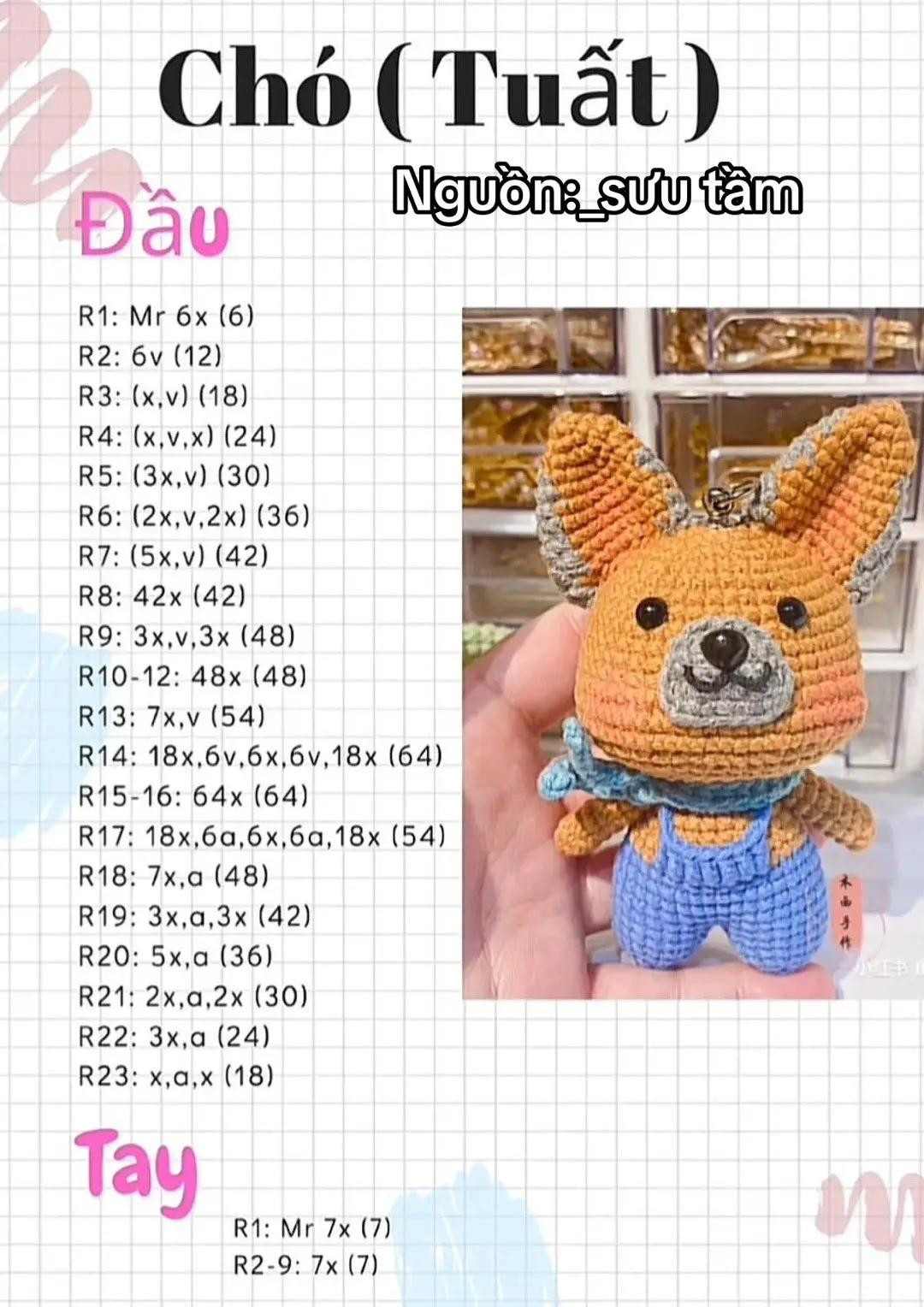 Chart hướng dẫn móc búp bê chó (Tuất) màu cam xanh, chi tiết từng phần