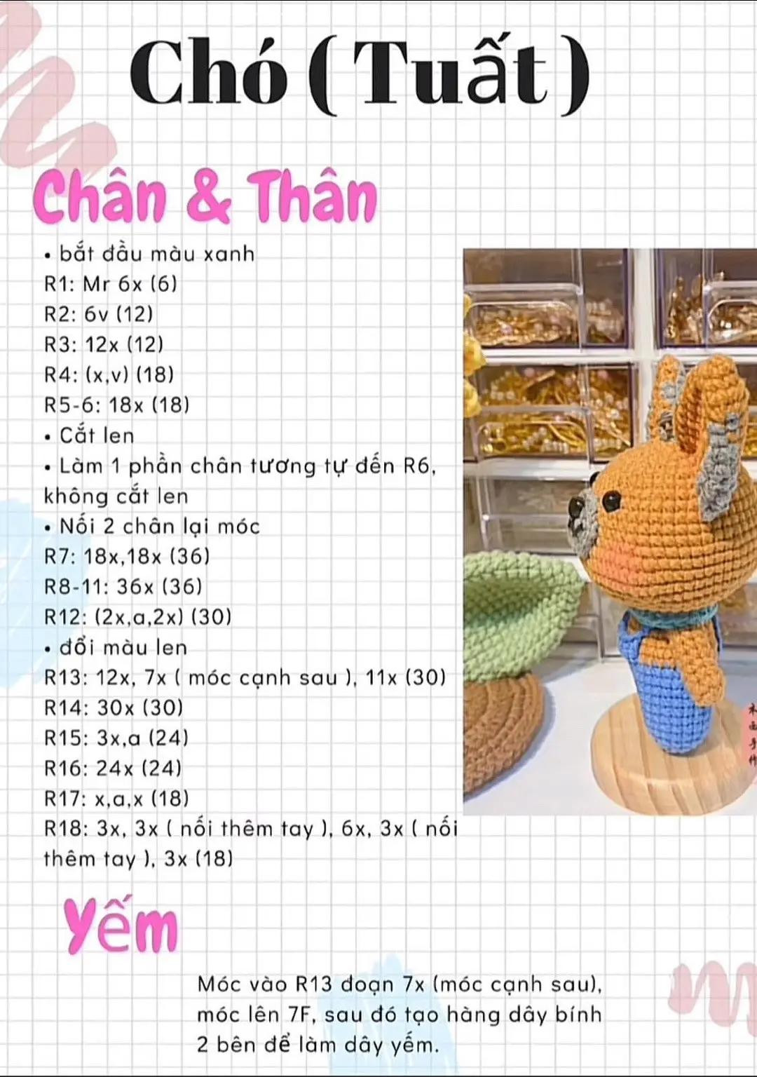 Chart hướng dẫn móc búp bê chó (Tuất) màu cam xanh, chi tiết từng phần