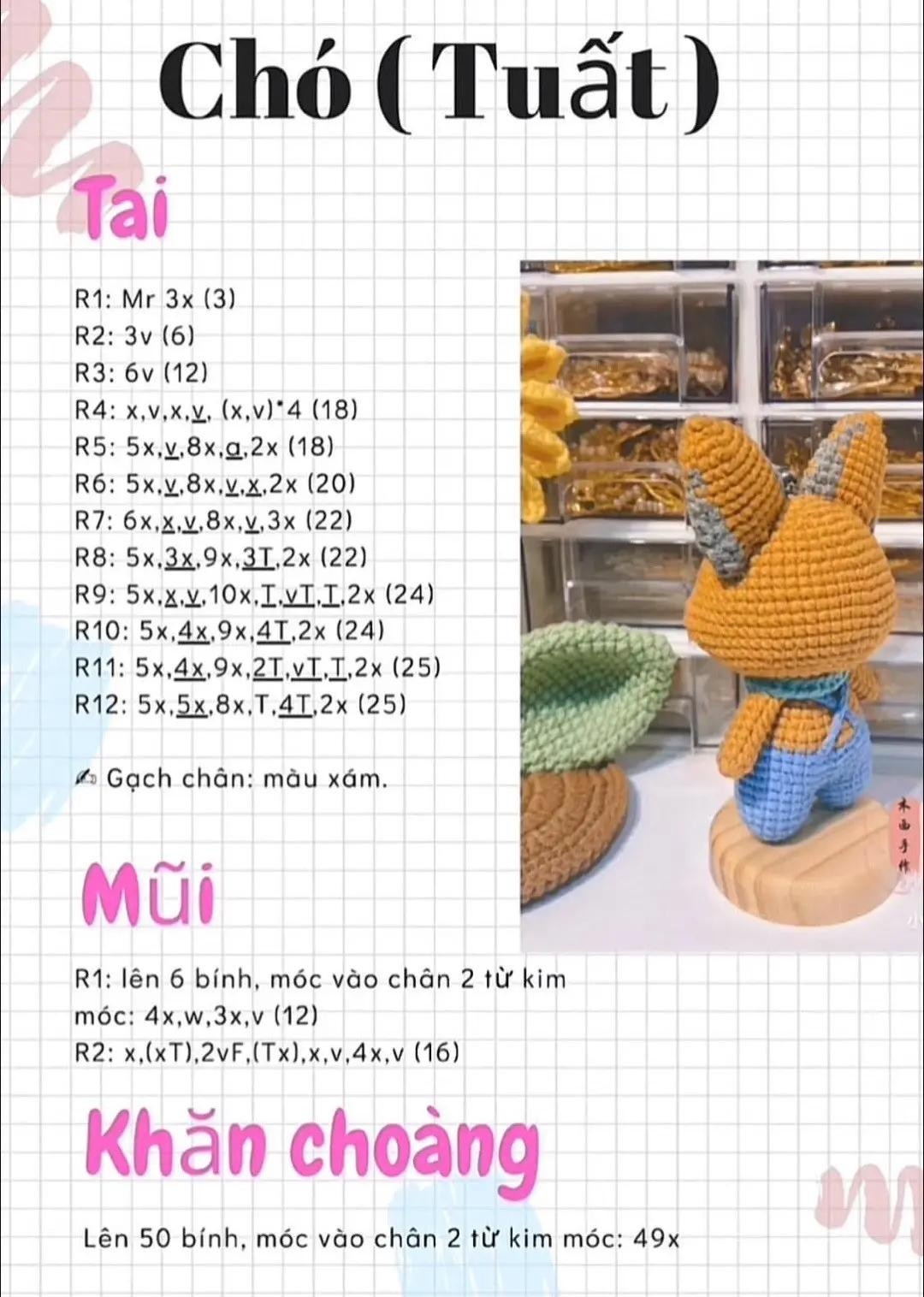Chart hướng dẫn móc búp bê chó (Tuất) màu cam xanh, chi tiết từng phần