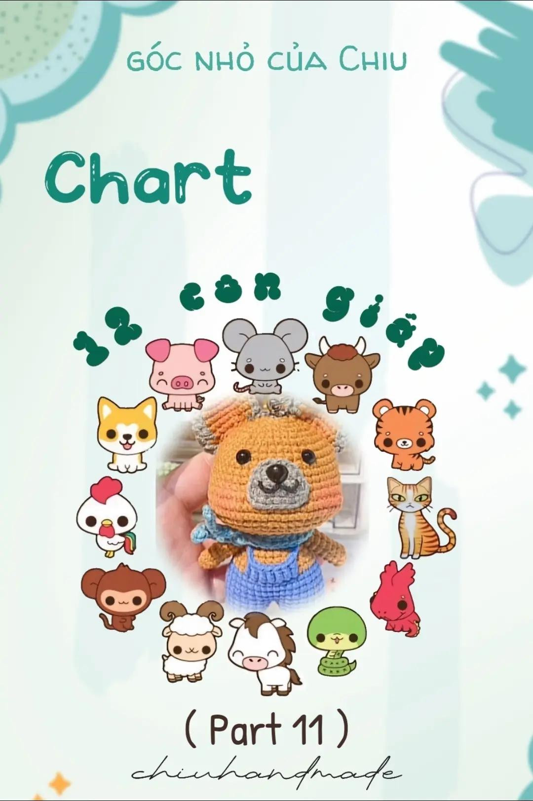 Chart hướng dẫn móc búp bê chó (Tuất) màu cam xanh, chi tiết từng phần