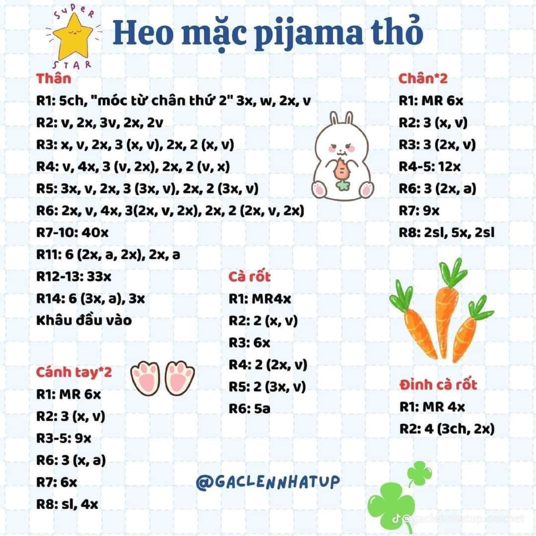 Chart hướng dẫn móc búp bê Heo mặc pijama thỏ và Heo hoa