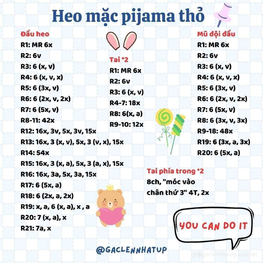 Chart hướng dẫn móc búp bê Heo mặc pijama thỏ và Heo hoa