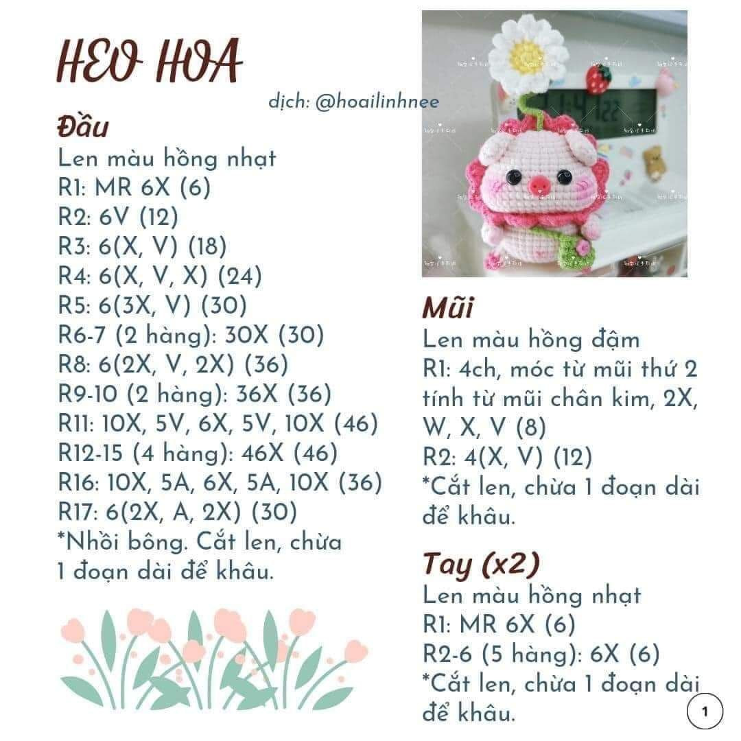 Chart hướng dẫn móc búp bê Heo mặc pijama thỏ và Heo hoa