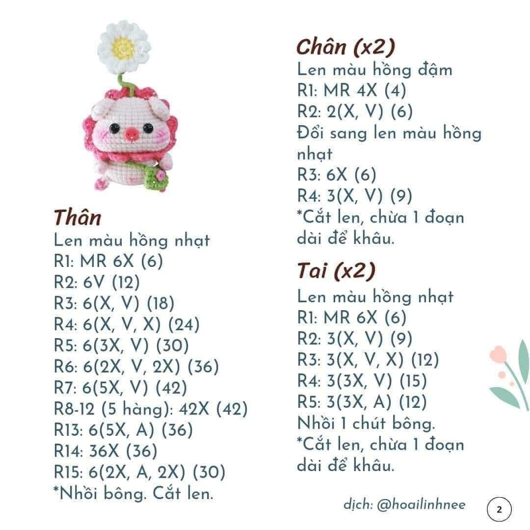 Chart hướng dẫn móc búp bê Heo mặc pijama thỏ và Heo hoa