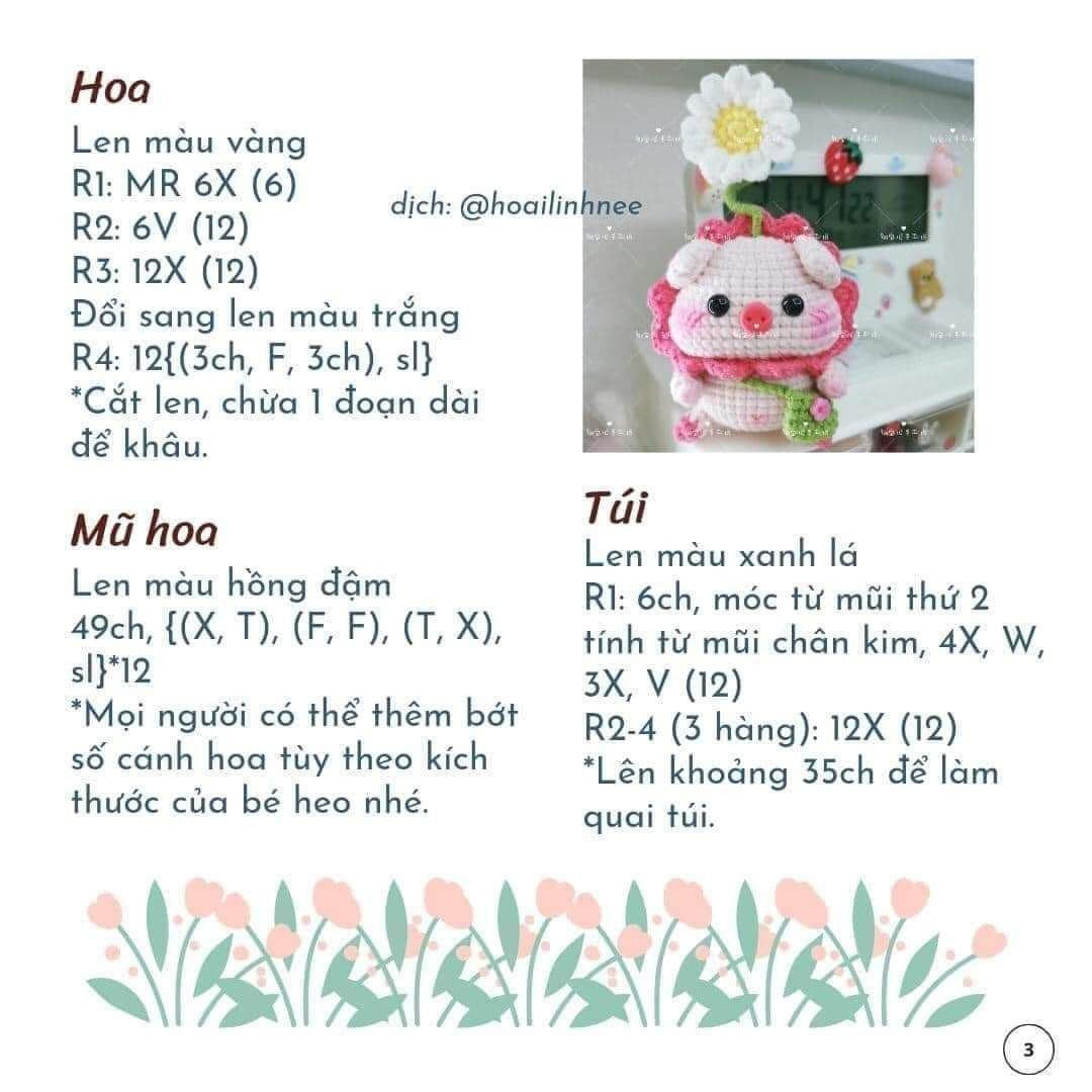 Chart hướng dẫn móc búp bê Heo mặc pijama thỏ và Heo hoa