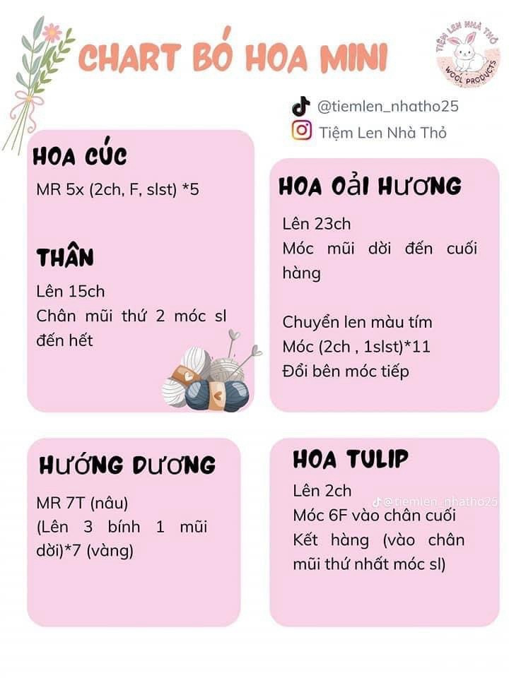 Chart hướng dẫn móc chìa khóa hoa tulip mini và bó hoa đa sắc