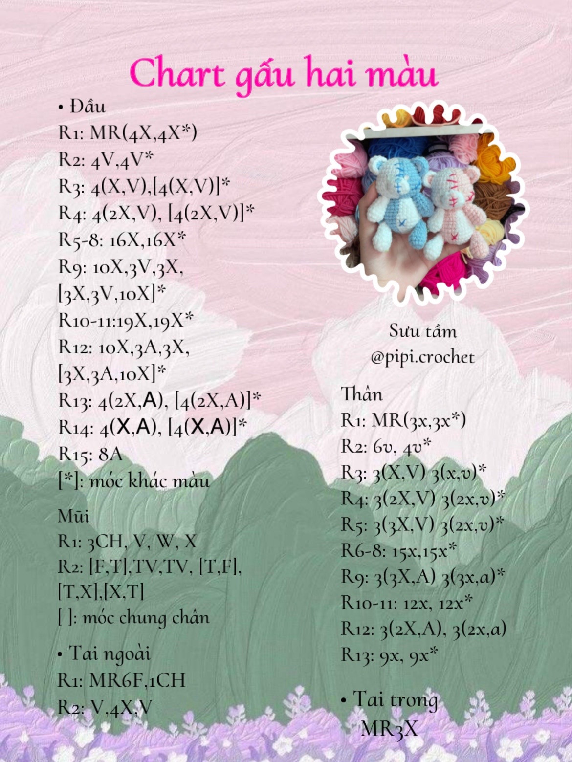 Chart hướng dẫn móc gấu bông hai màu xanh và hồng dễ thương