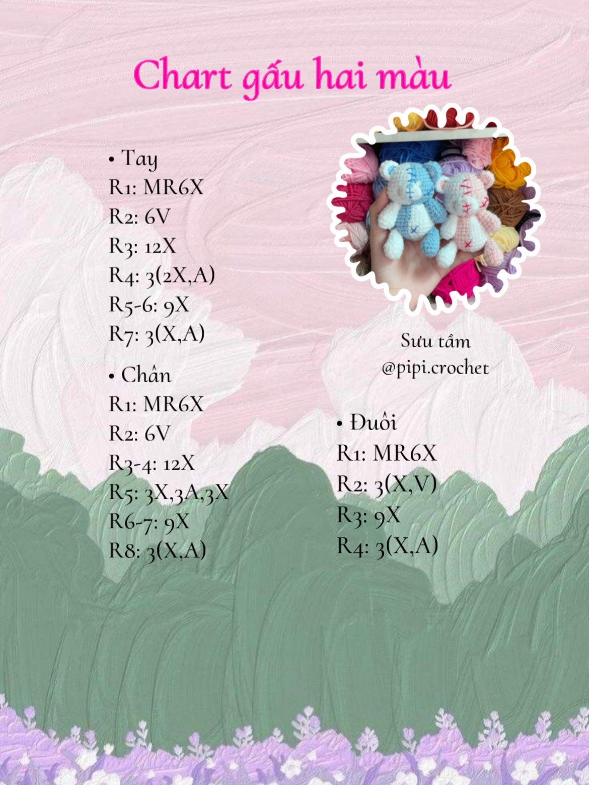 Chart hướng dẫn móc gấu bông hai màu xanh và hồng dễ thương