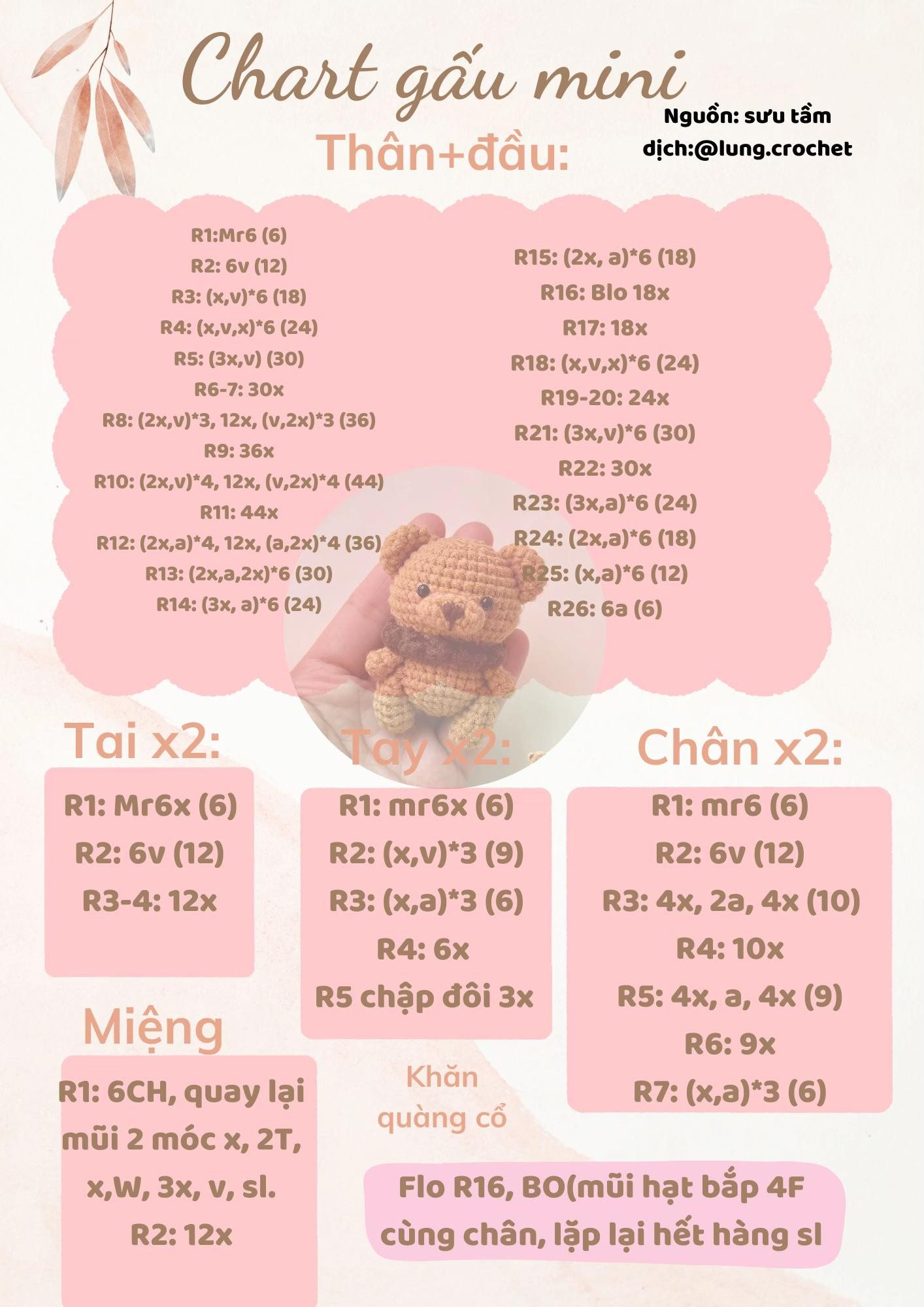 Chart hướng dẫn móc gấu mini màu nâu với khăn quàng cổ