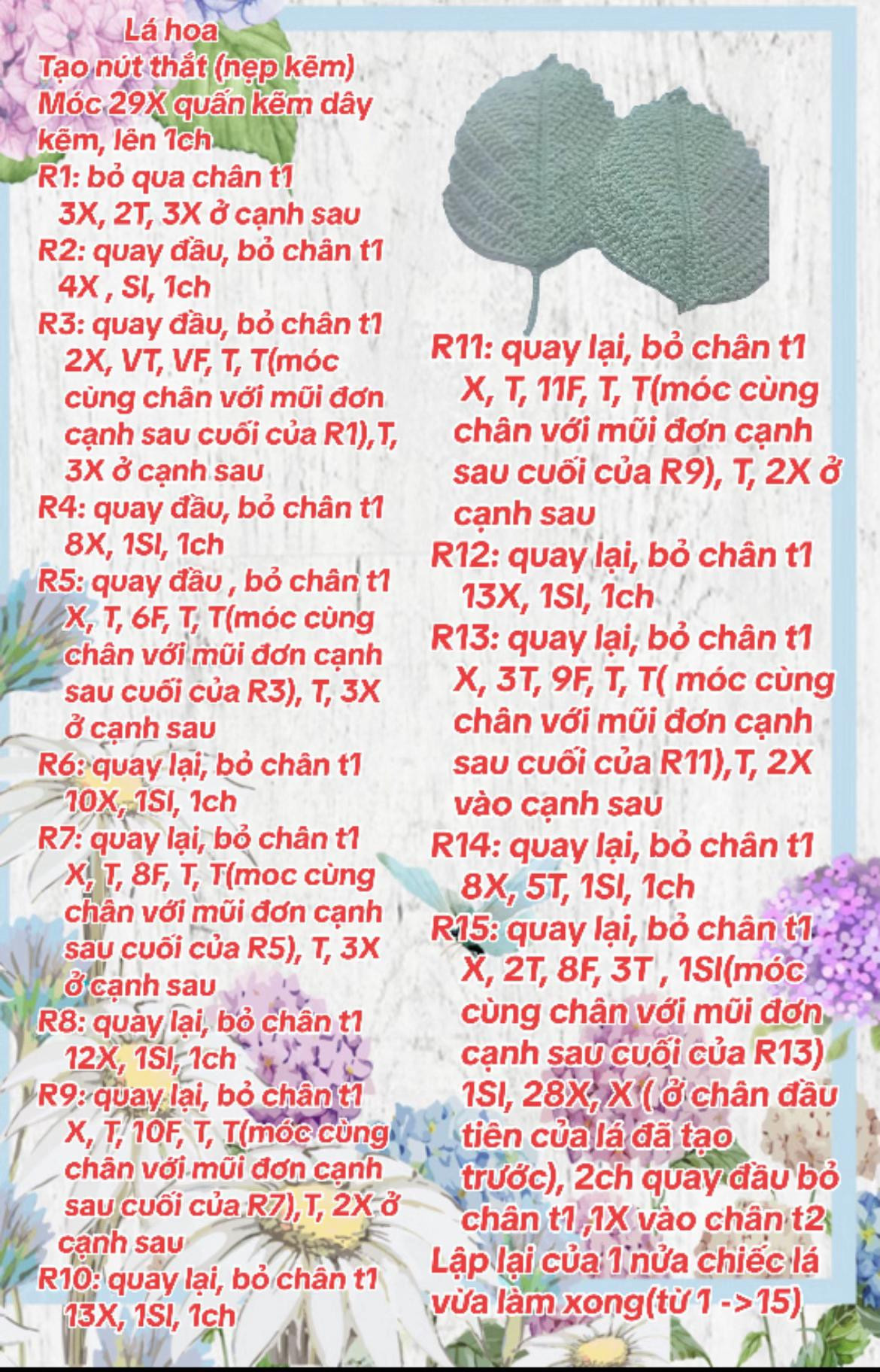 Chart hướng dẫn móc hoa Cẩm Tú cầu màu xanh và lá kèm