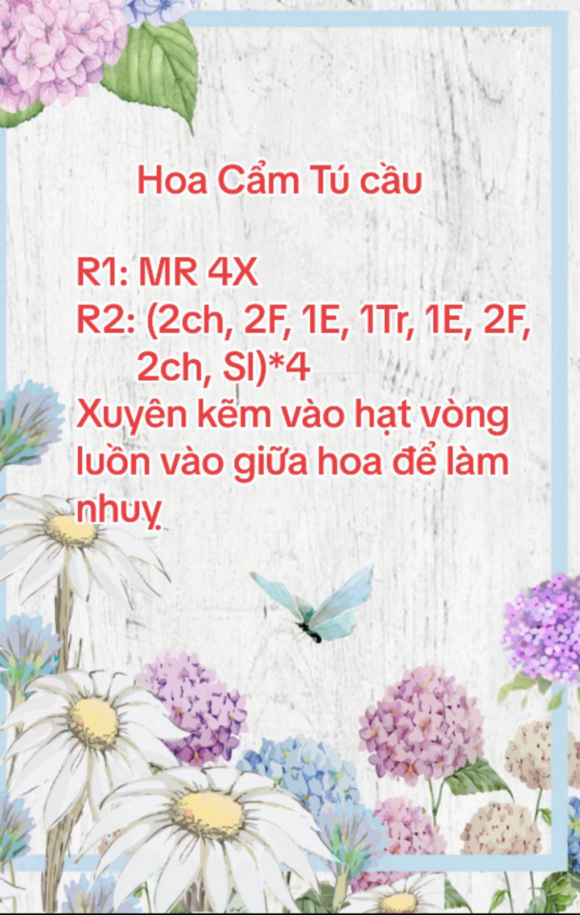 Chart hướng dẫn móc hoa Cẩm Tú cầu màu xanh và lá kèm