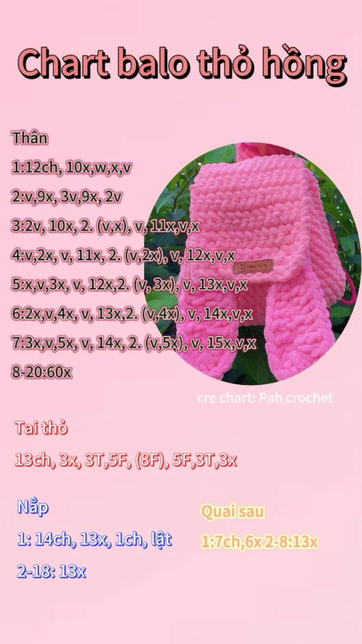 Chart hướng dẫn móc len balo thỏ hồng dễ thương bằng len xù mềm mại