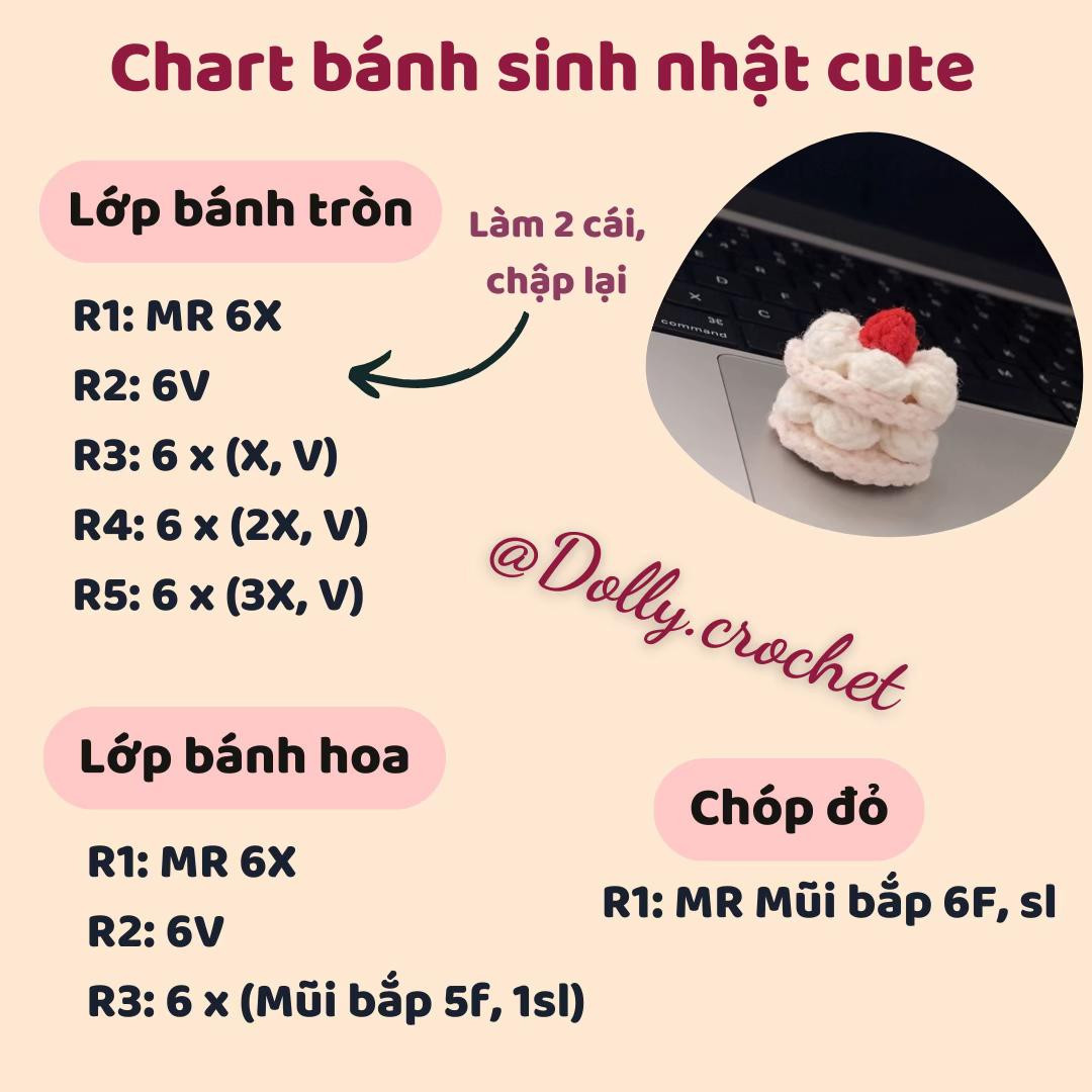Chart hướng dẫn móc len bánh sinh nhật mini cute với lớp kem và trái dâu đỏ