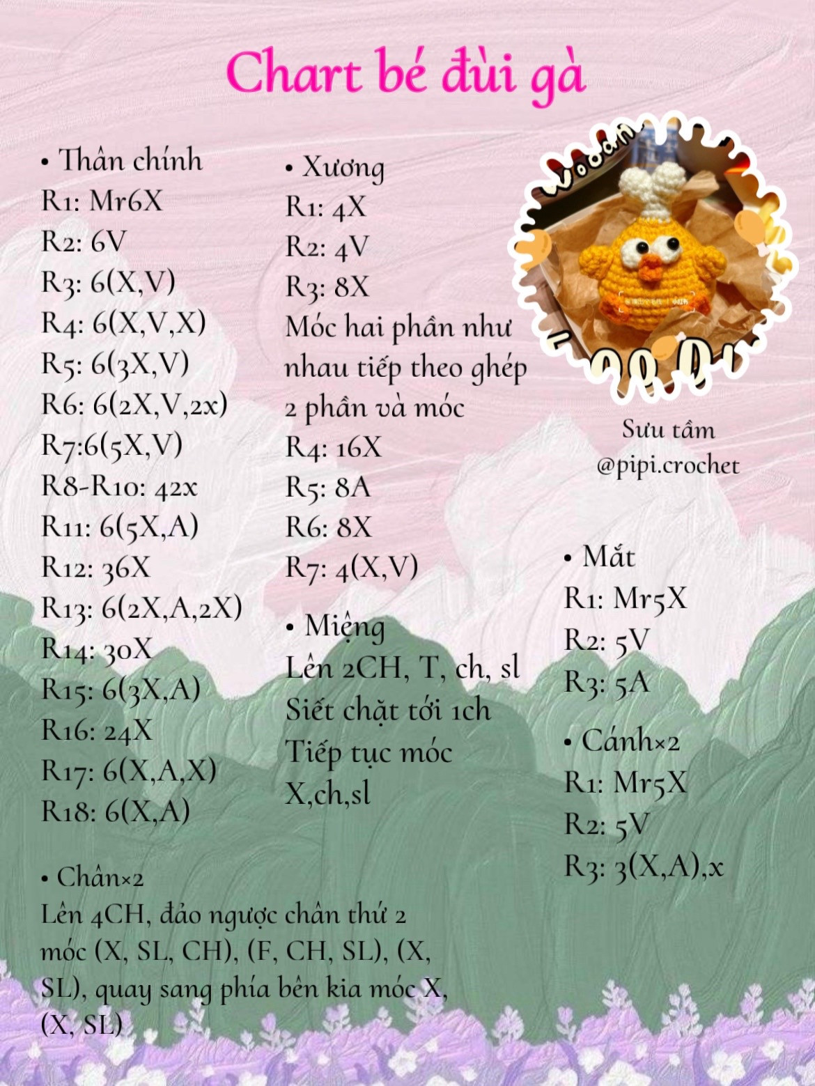 Chart hướng dẫn móc len bé đùi gà vàng dễ thương