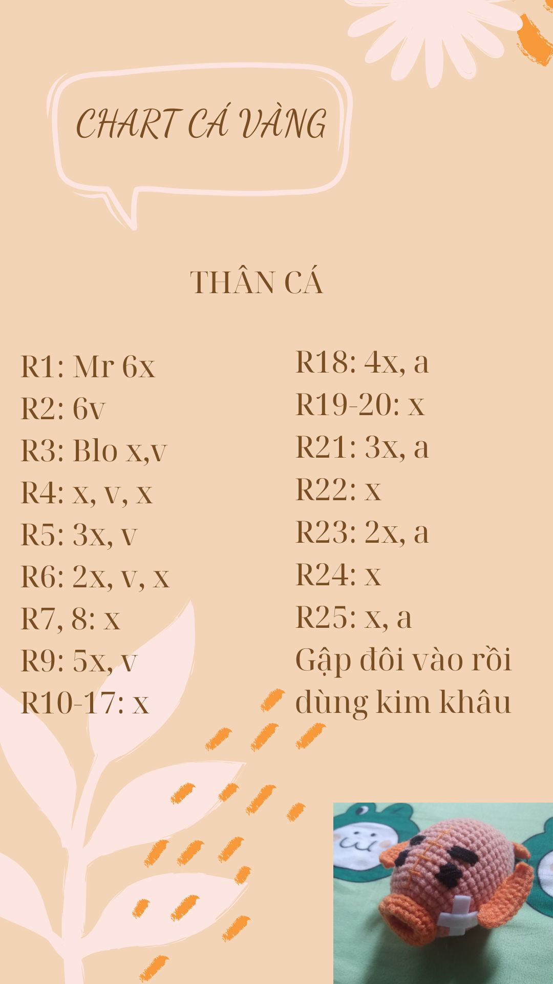 Chart hướng dẫn móc len búp bê cá vàng chi tiết