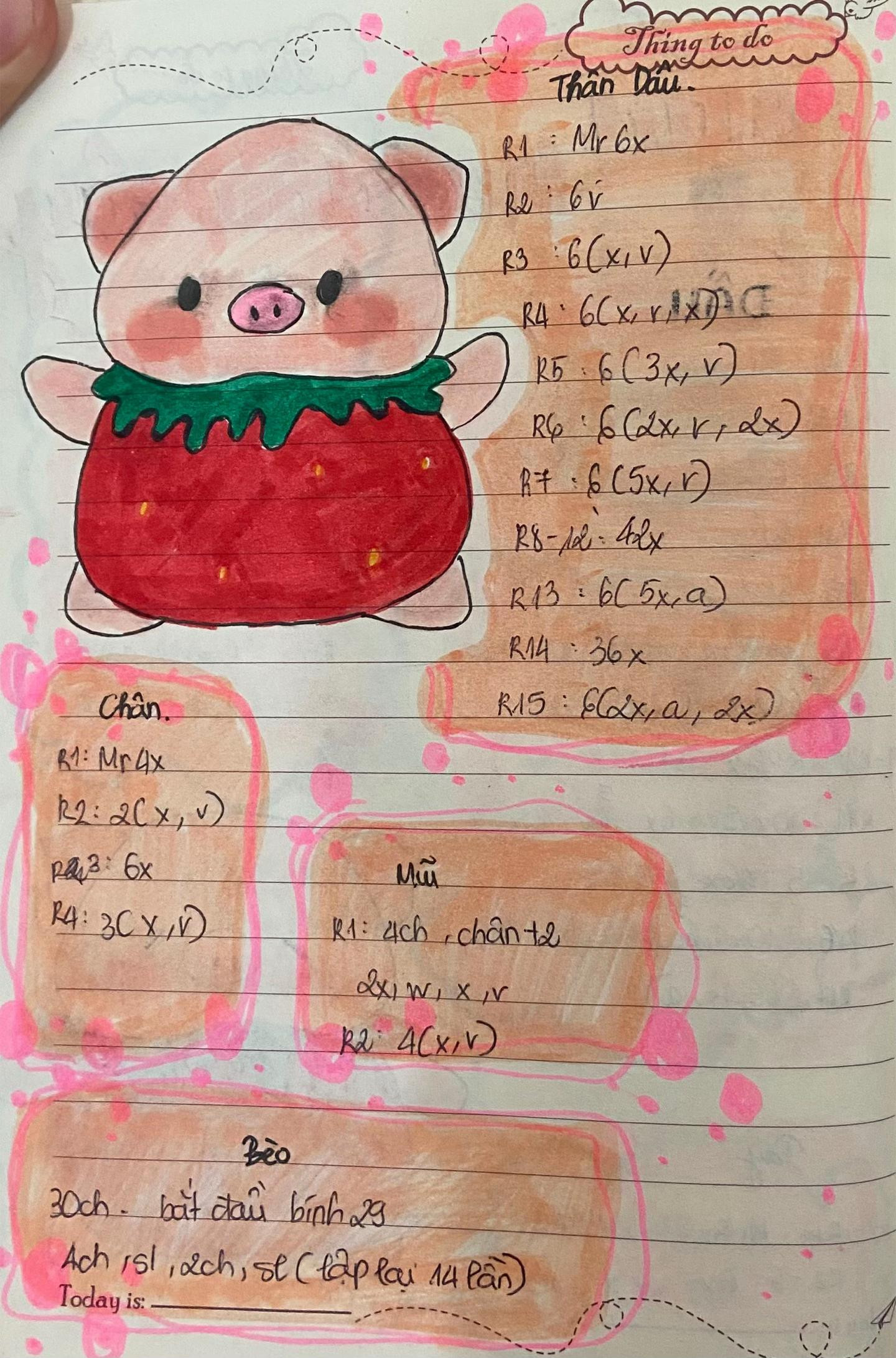 Chart hướng dẫn móc len búp bê Heo dâu tây dễ thương