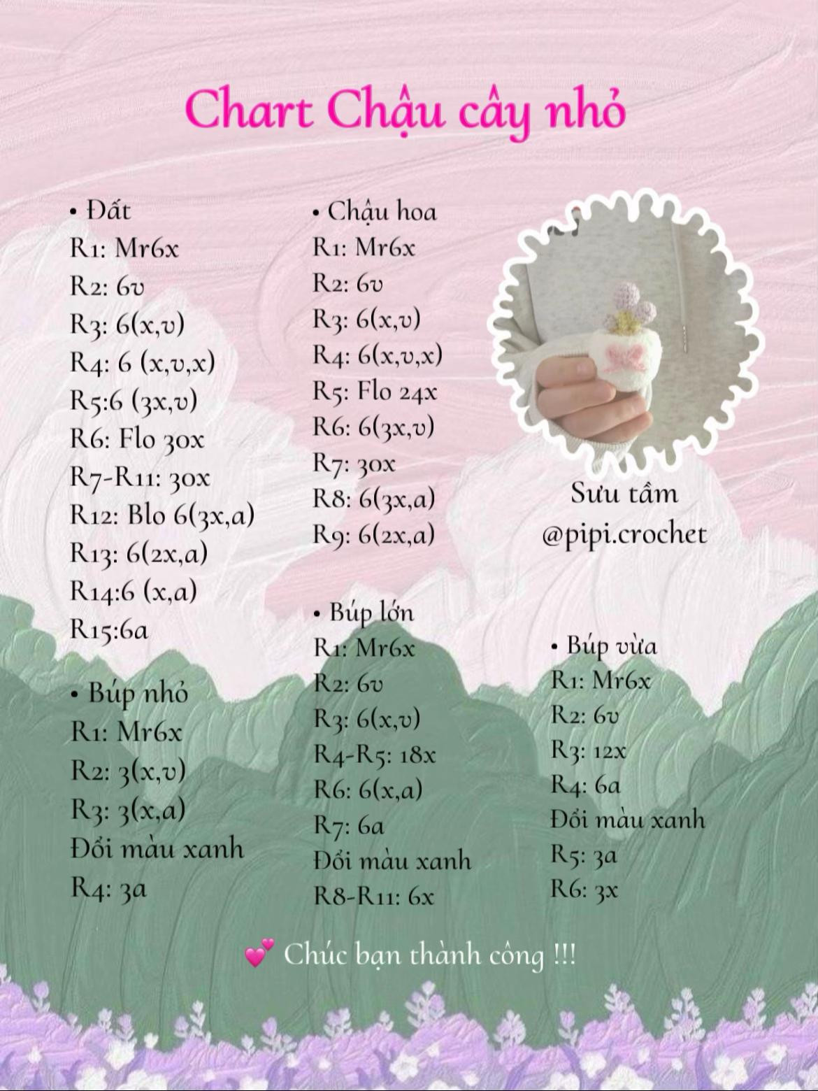 Chart hướng dẫn móc len chậu cây nhỏ dễ thương với búp hoa tím và nơ hồng