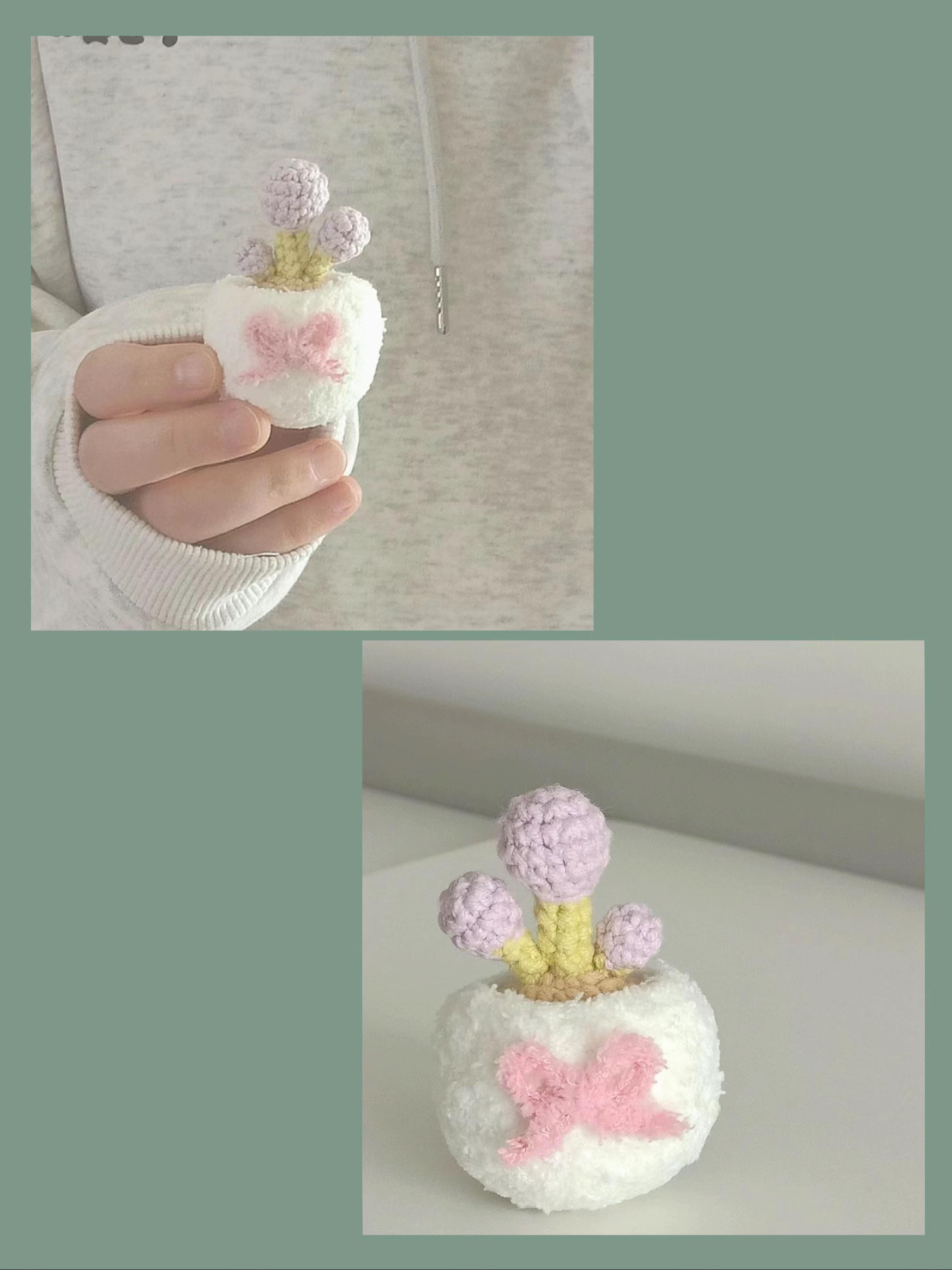 Chart hướng dẫn móc len chậu cây nhỏ dễ thương với búp hoa tím và nơ hồng