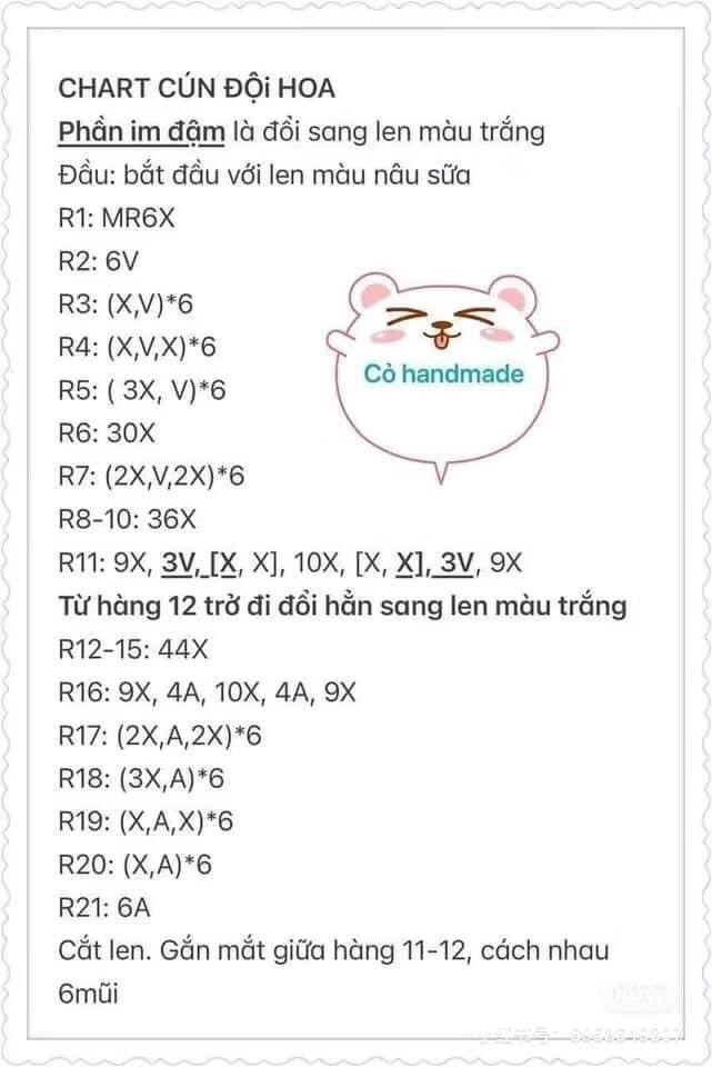 Chart hướng dẫn móc len Cún đội hoa, mẫu amigurumi dễ thương