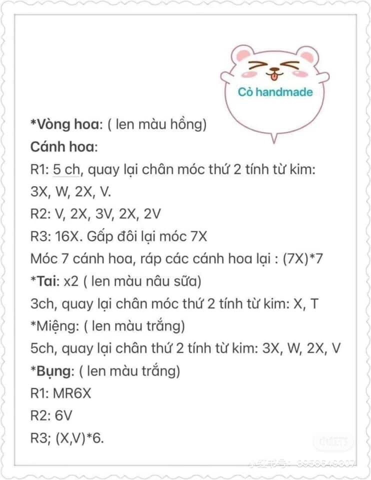 Chart hướng dẫn móc len Cún đội hoa, mẫu amigurumi dễ thương