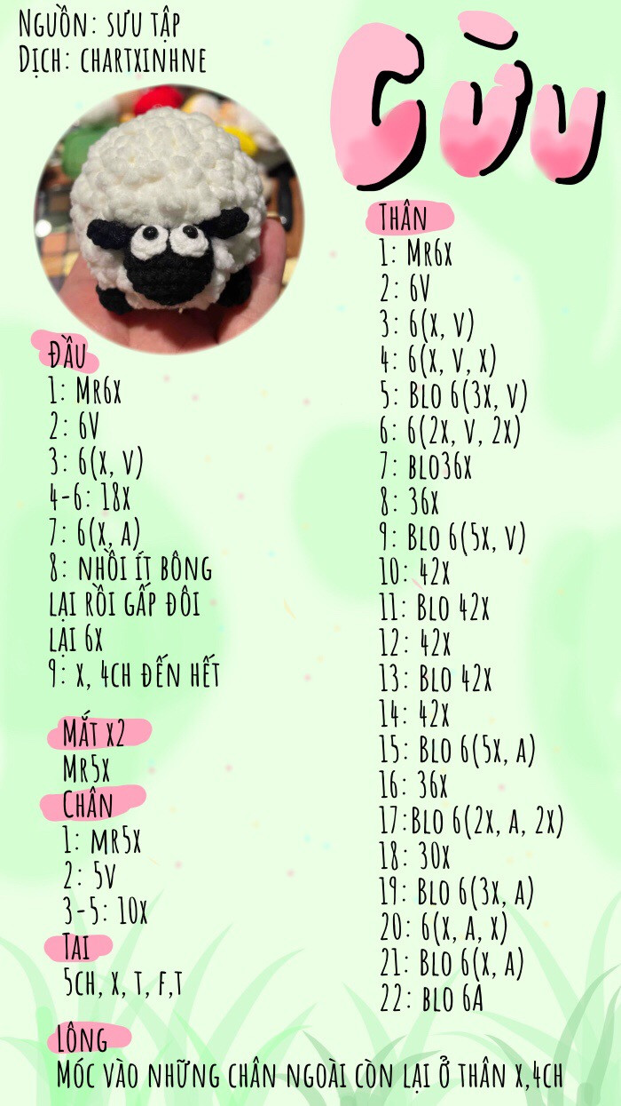 Chart hướng dẫn móc len Cừu và Cục phân dễ thương