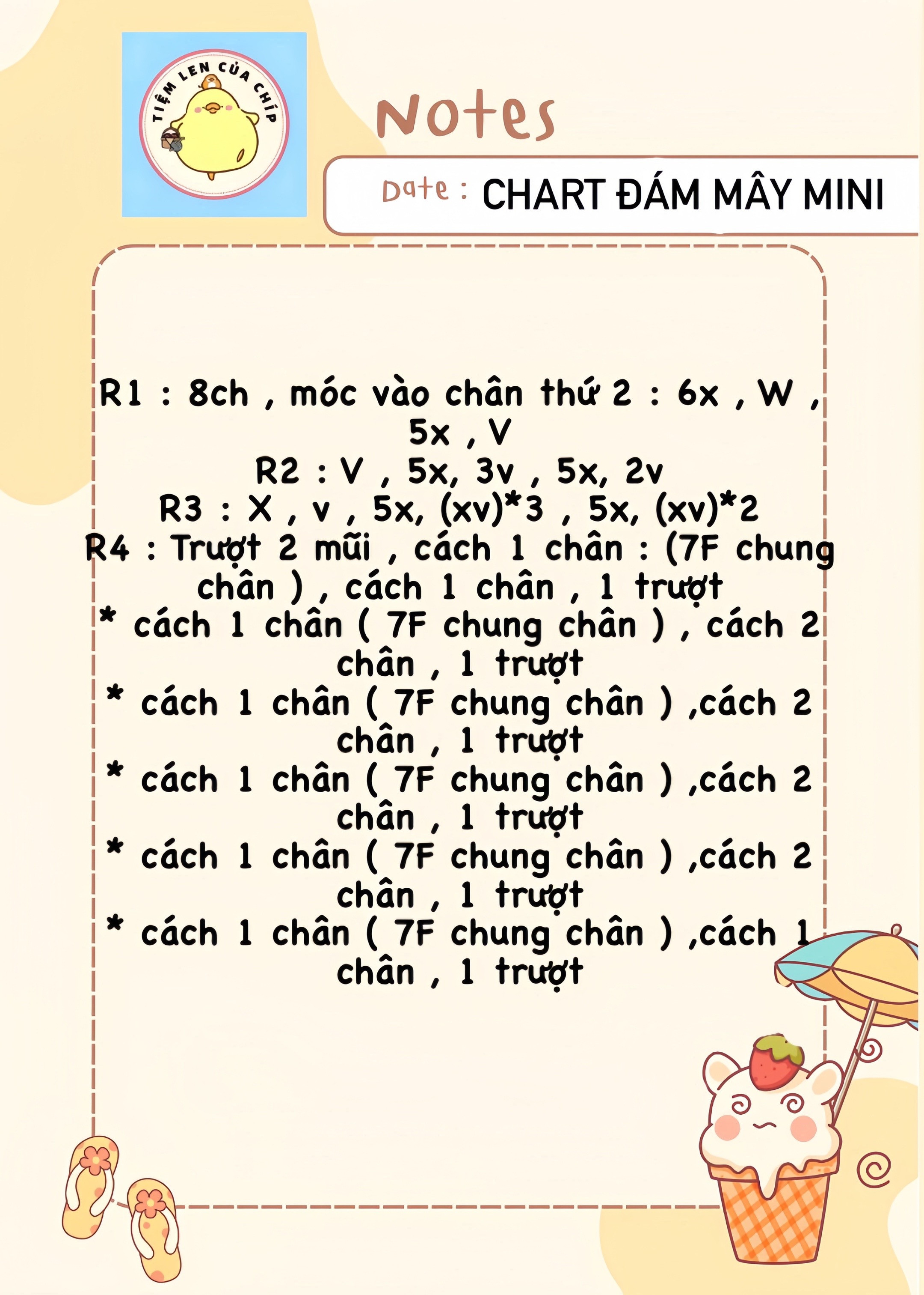Chart hướng dẫn móc len đám mây mini trắng dễ thương