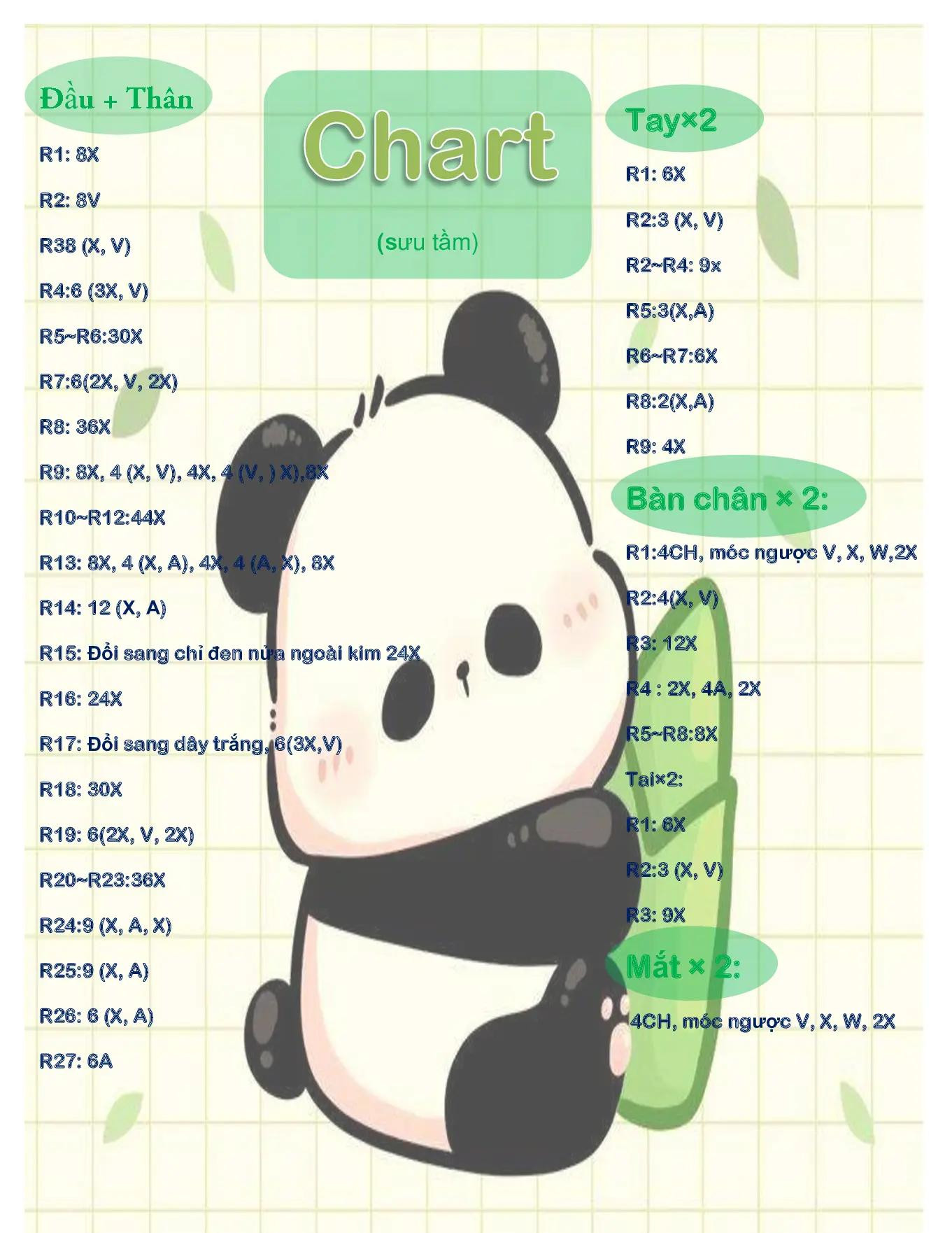 Chart hướng dẫn móc len gấu trúc Pandabear dễ thương cầm cây trúc màu xanh