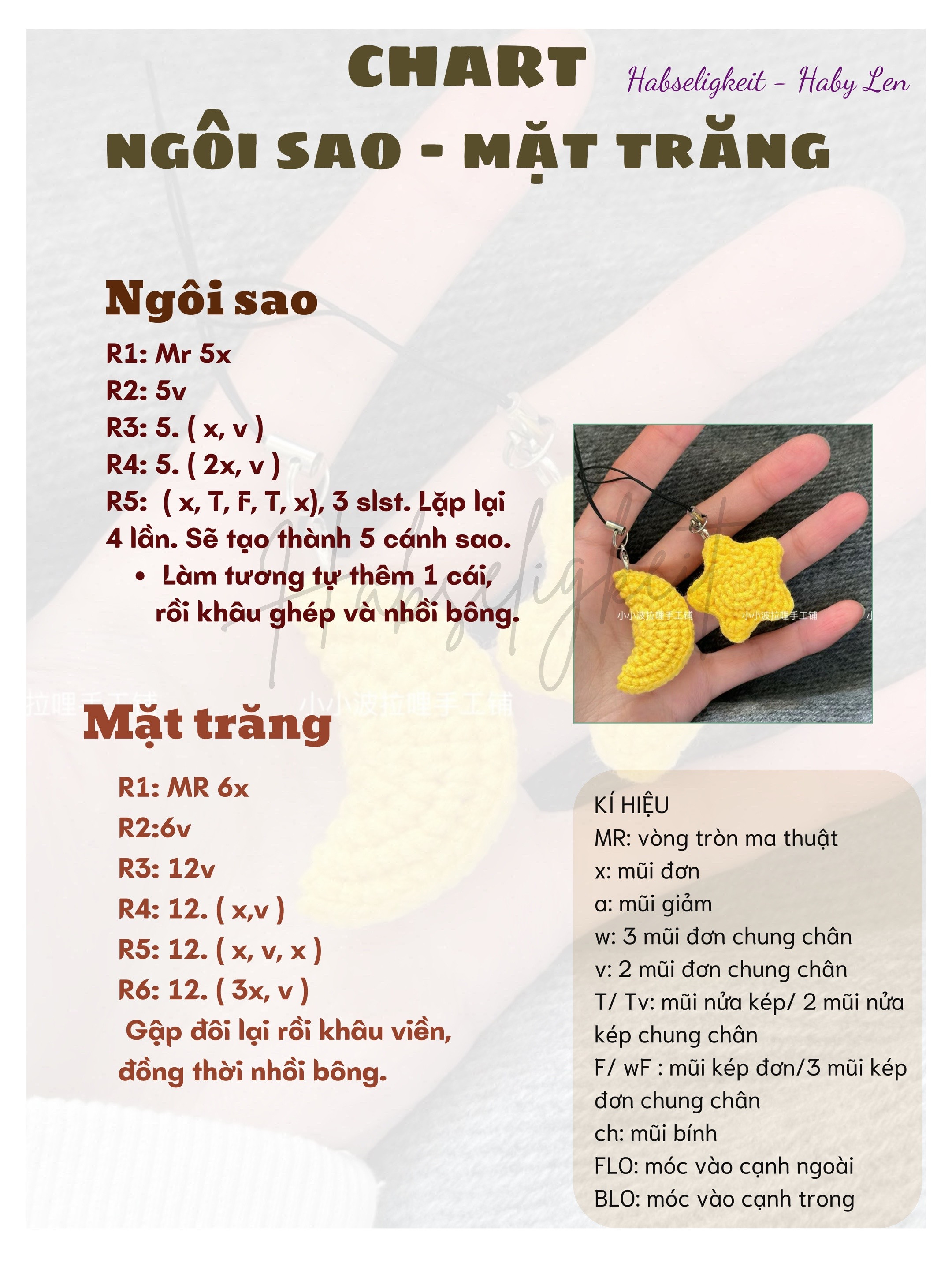 Chart hướng dẫn móc len ngôi sao và mặt trăng màu vàng