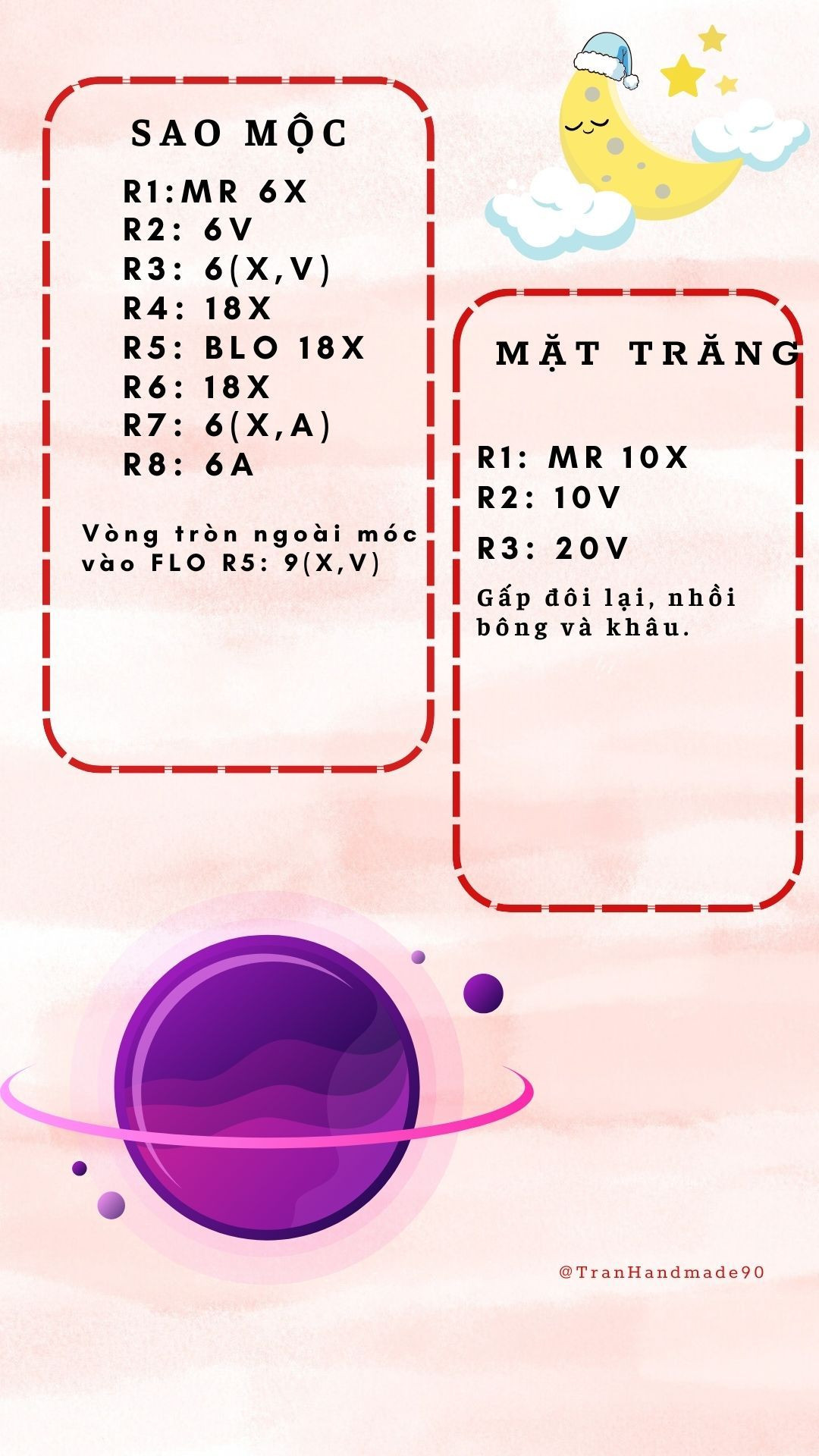 Chart hướng dẫn móc len Sao Mộc và Mặt Trăng