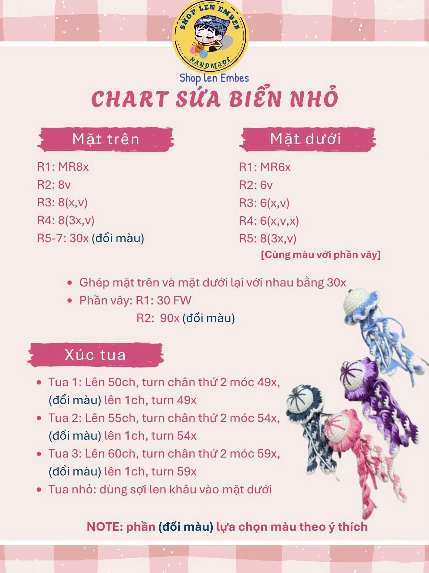 Chart hướng dẫn móc len sứa biển nhỏ dễ thương