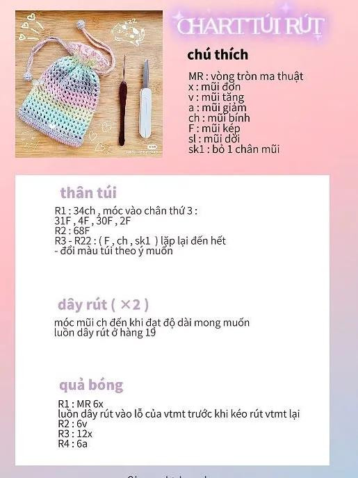 Chart hướng dẫn móc len túi rút hình nhân vật dễ thương