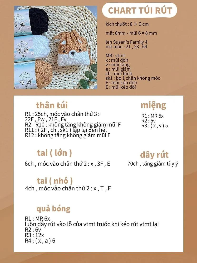 Chart hướng dẫn móc len túi rút hình nhân vật dễ thương