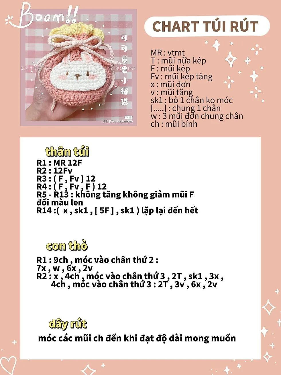 Chart hướng dẫn móc len túi rút hình nhân vật dễ thương