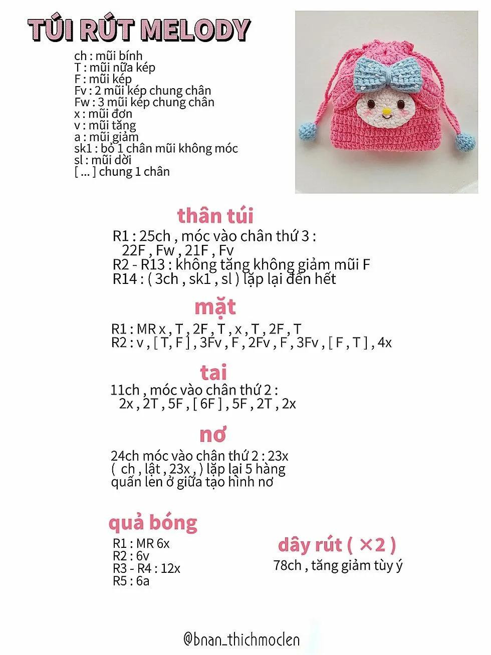 Chart hướng dẫn móc len túi rút hình nhân vật dễ thương