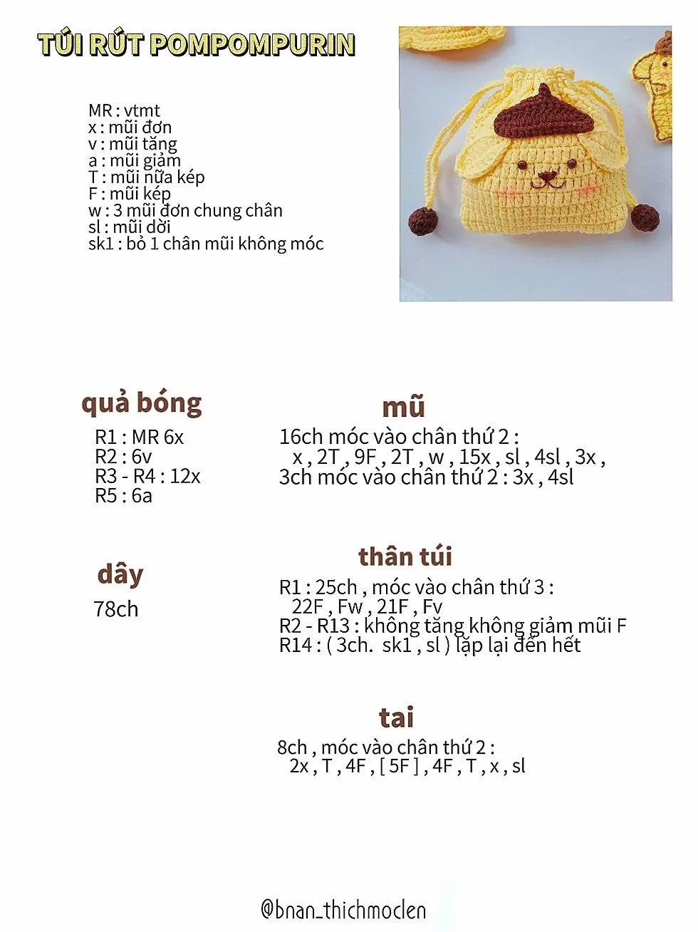 Chart hướng dẫn móc len túi rút hình nhân vật dễ thương