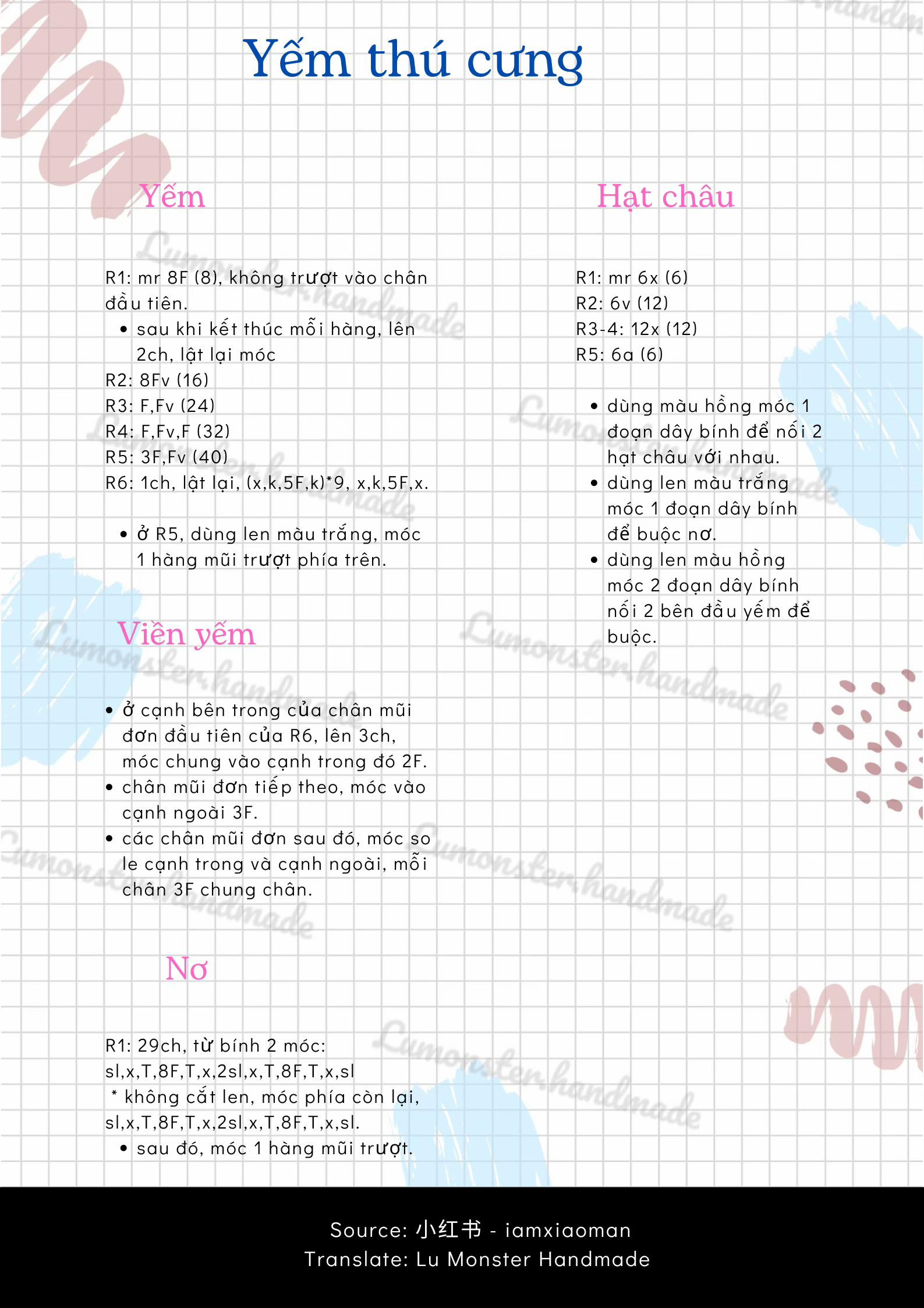Chart hướng dẫn móc len yếm thú cưng màu xanh hồng với nơ và hạt châu