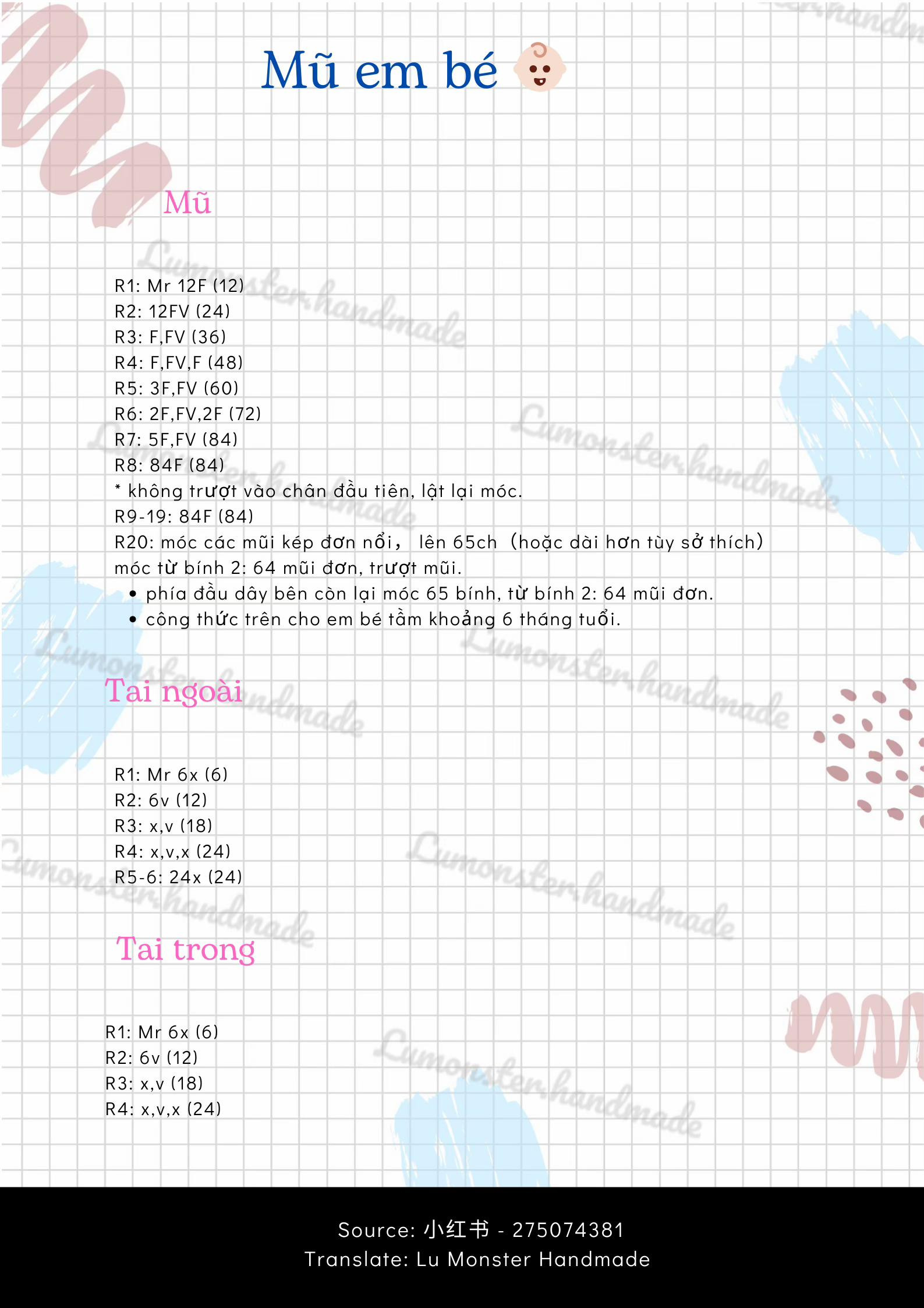 Chart hướng dẫn móc mũ em bé màu hồng dễ thương