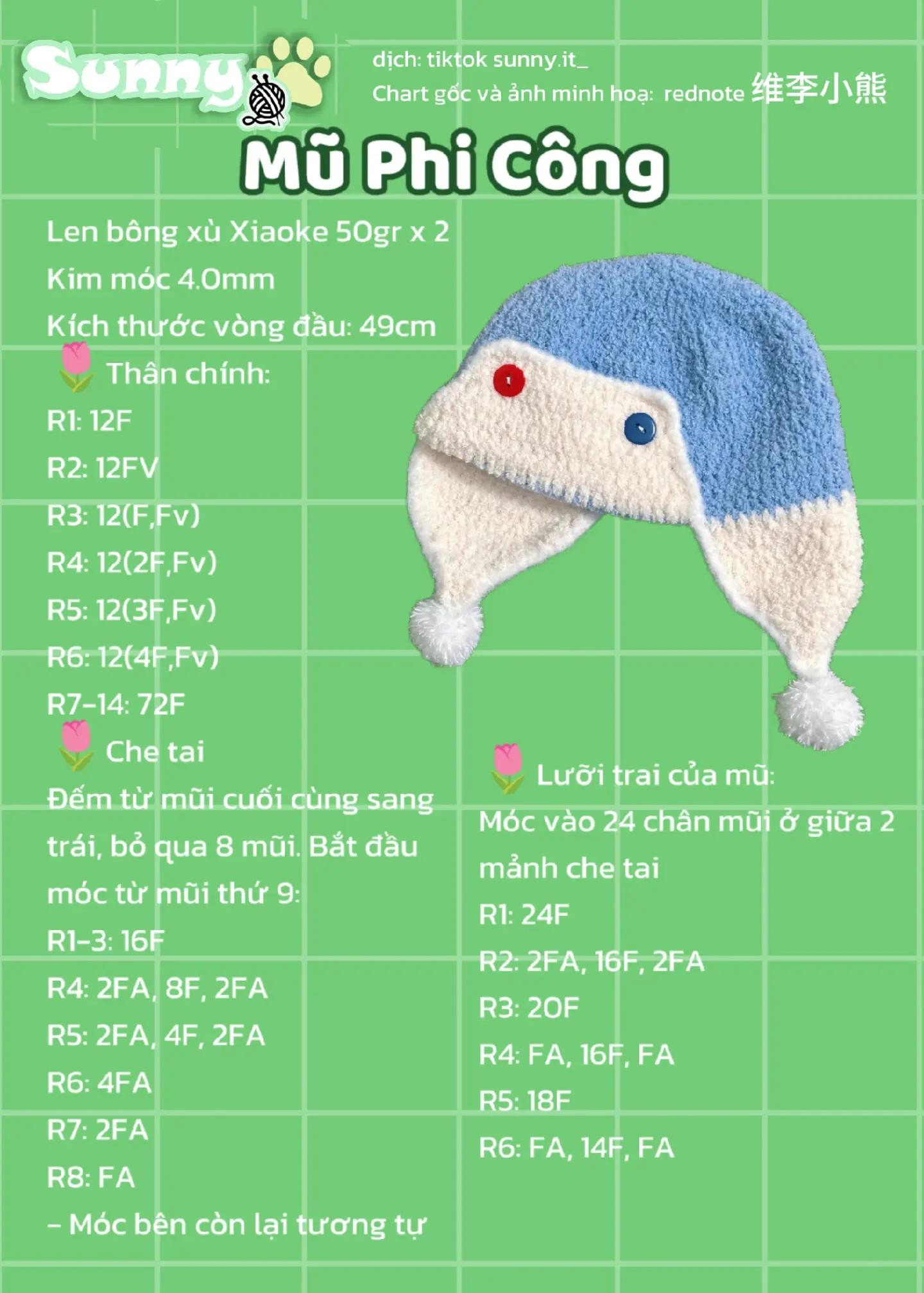 Chart hướng dẫn móc mũ phi công màu xanh và kem