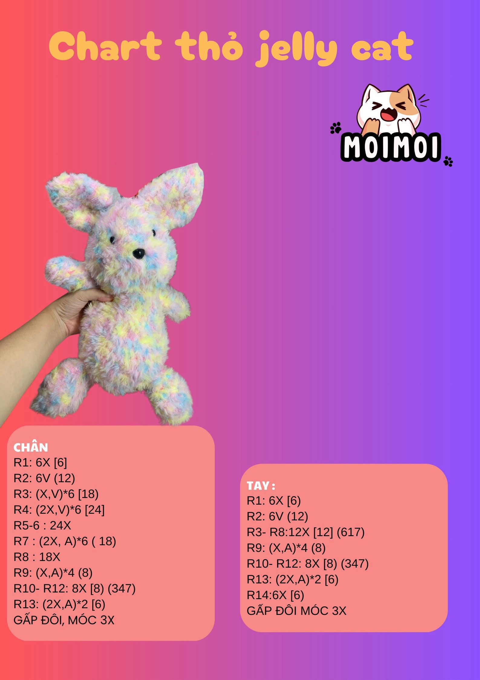Chart hướng dẫn móc thỏ Jellycat màu pastel