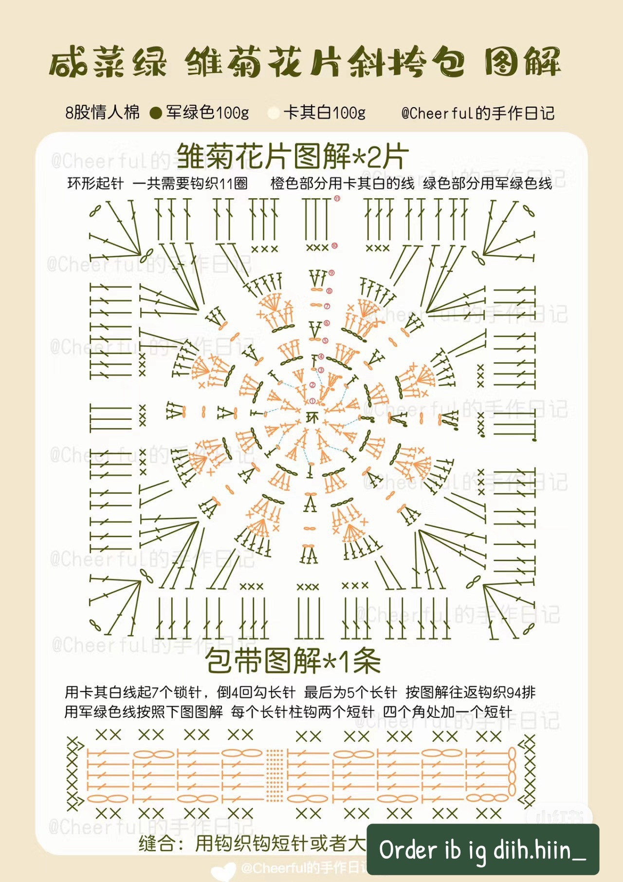 Chart hướng dẫn móc túi xách hoa雏菊 màu xanh lá